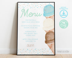 Ice Cream Baby Shower Menu Editable Template, Watercolor Food Table Sign (Digital Instant Download)