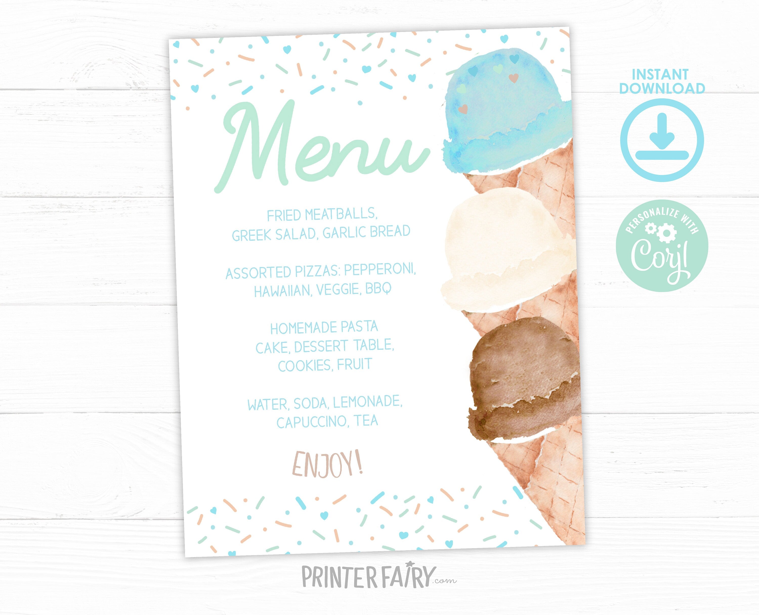 Ice Cream Baby Shower Menu Editable Template, Watercolor Food Table Sign (Digital Instant Download)