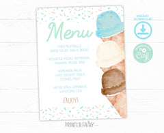 Ice Cream Baby Shower Menu Editable Template, Watercolor Food Table Sign (Digital Instant Download)