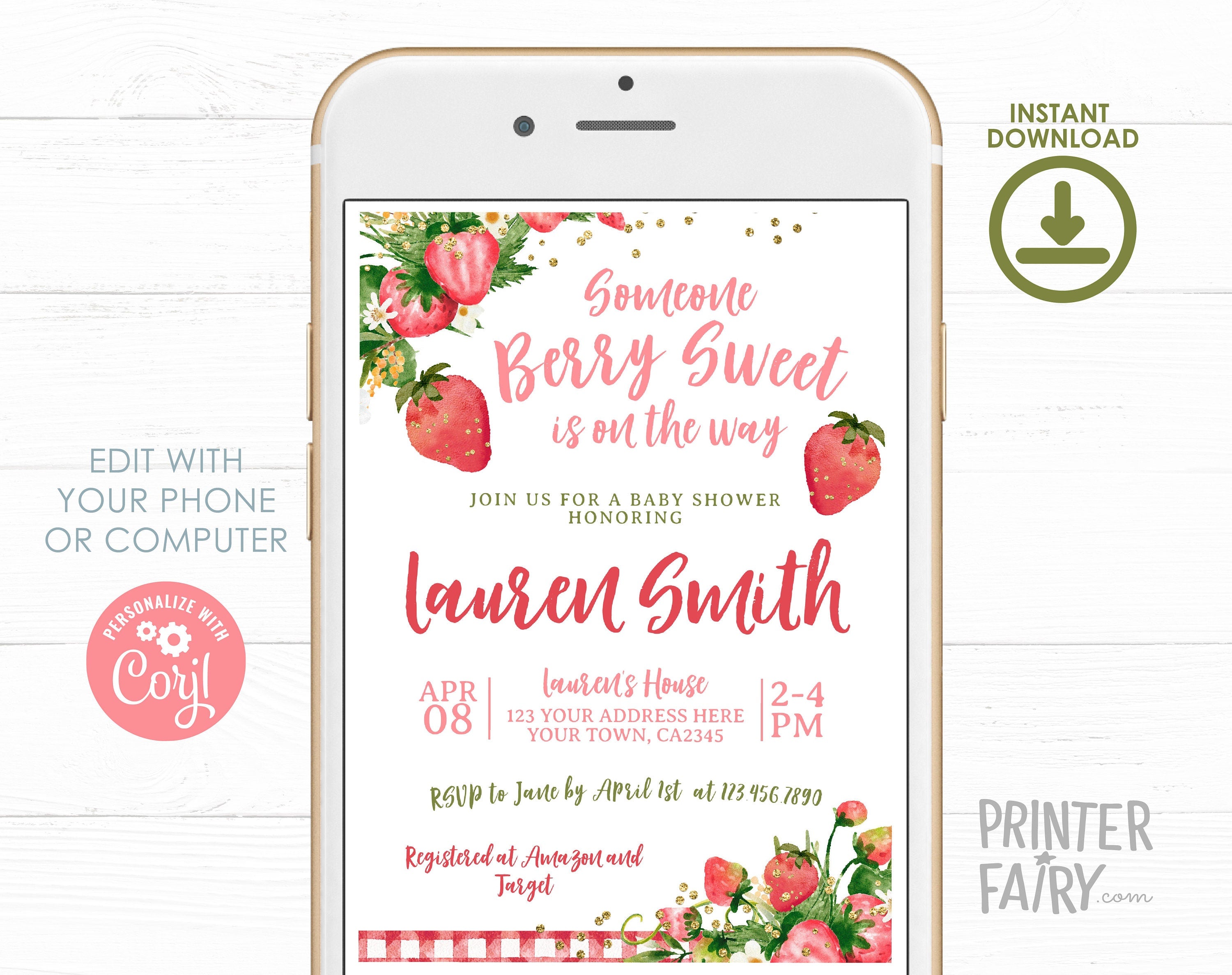 Strawberry Baby Shower Invitation, Editable "Berry Sweet" Template (Digital Download)