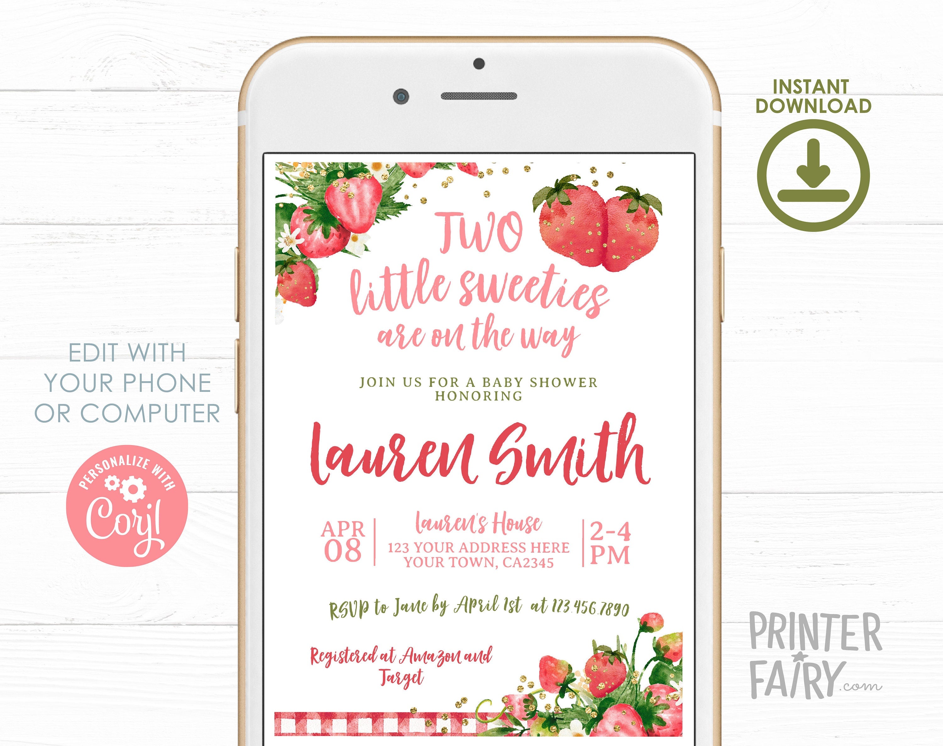 Strawberry Twins Baby Shower Invitation, Two Little Sweeties (Digital Download)