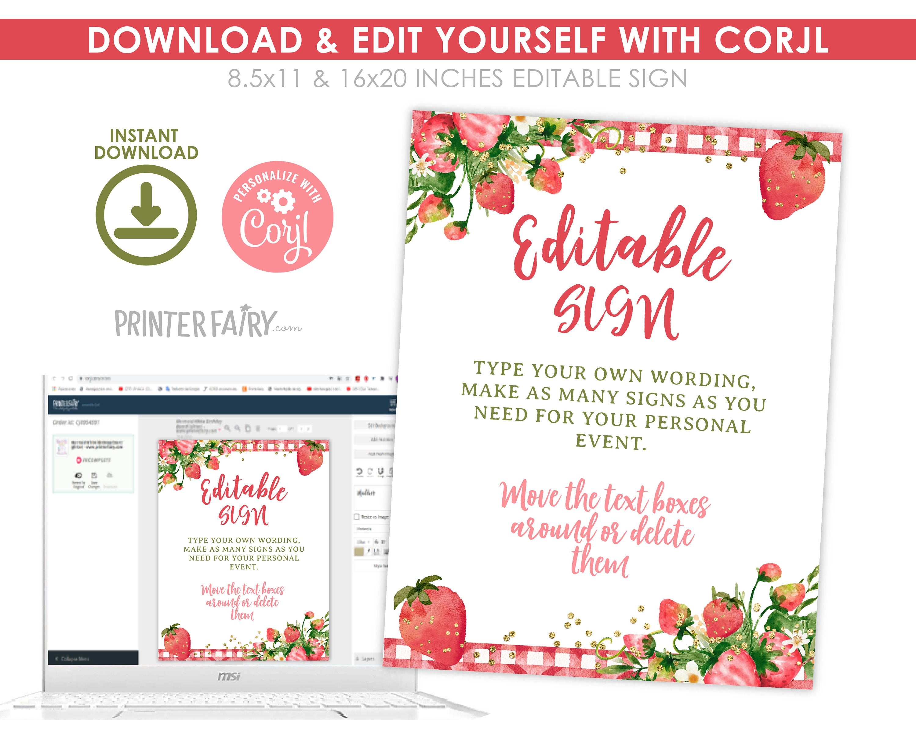 Strawberry Baby Shower Sign, Editable Welcome Sign (Digital Download)
