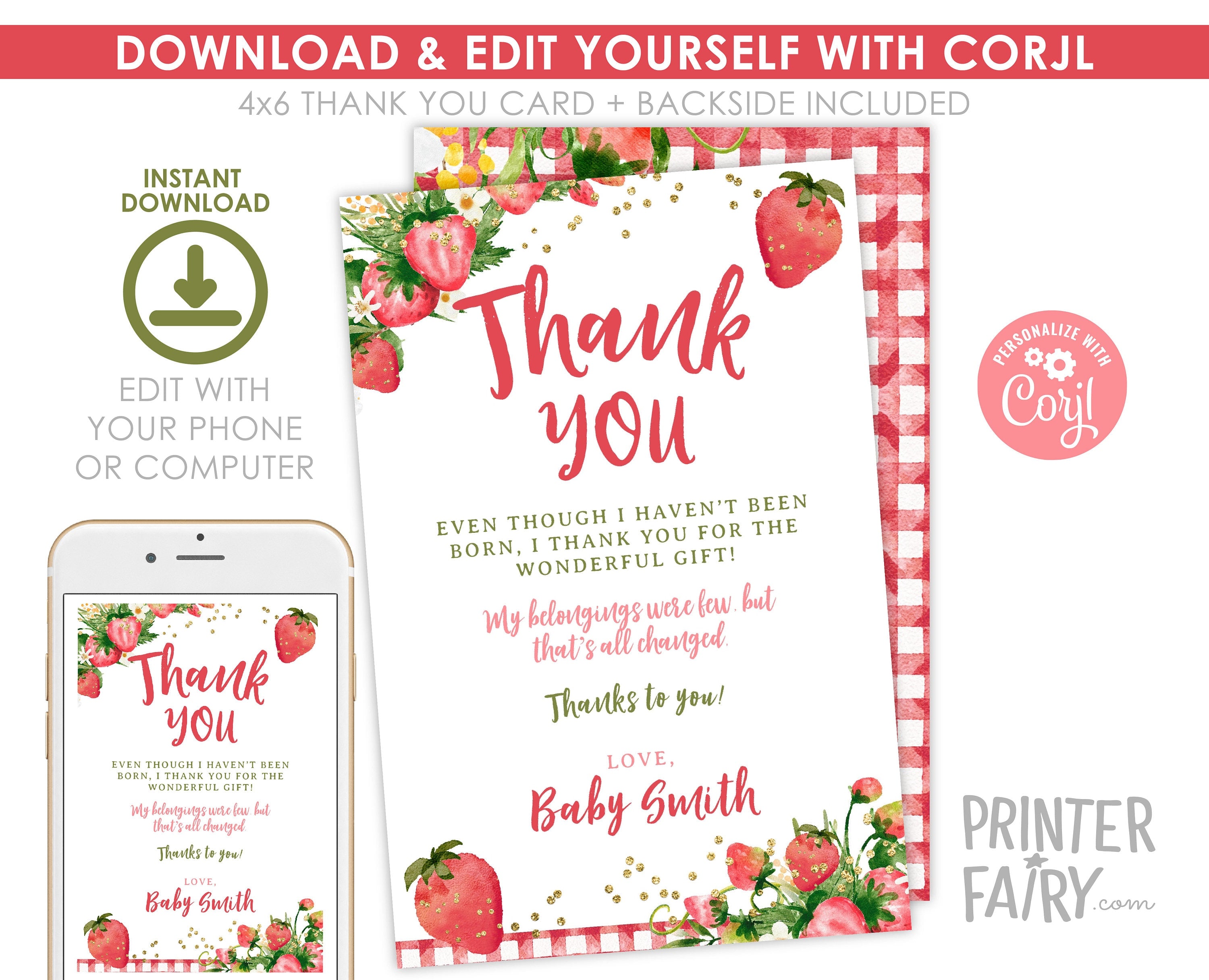Strawberry Baby Shower Thank You Card, Editable (Digital Download)