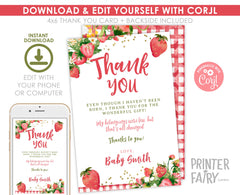 Strawberry Baby Shower Thank You Card, Editable (Digital Download)
