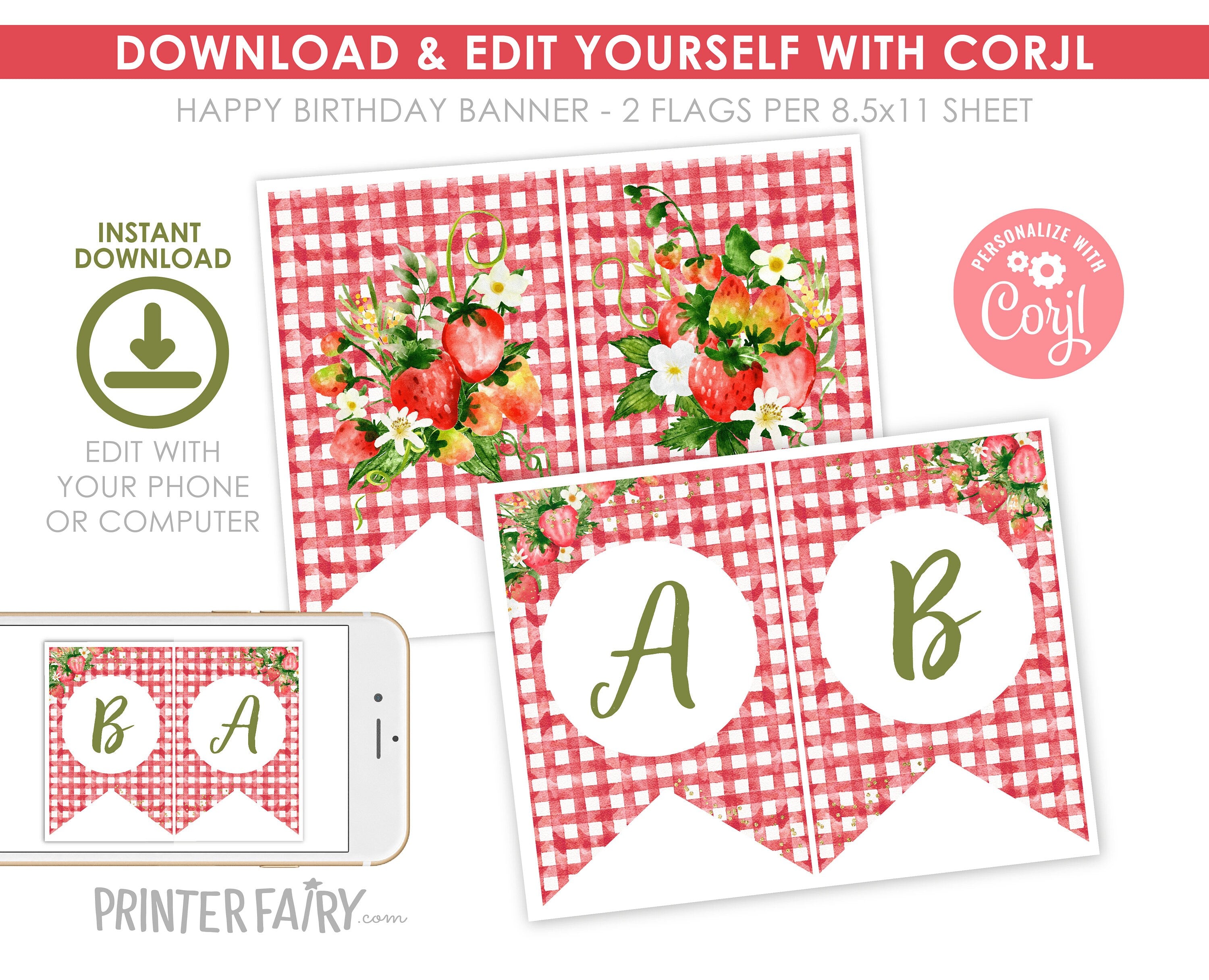 Strawberry Baby Shower Banner, Editable Party Decoration (Digital Item)