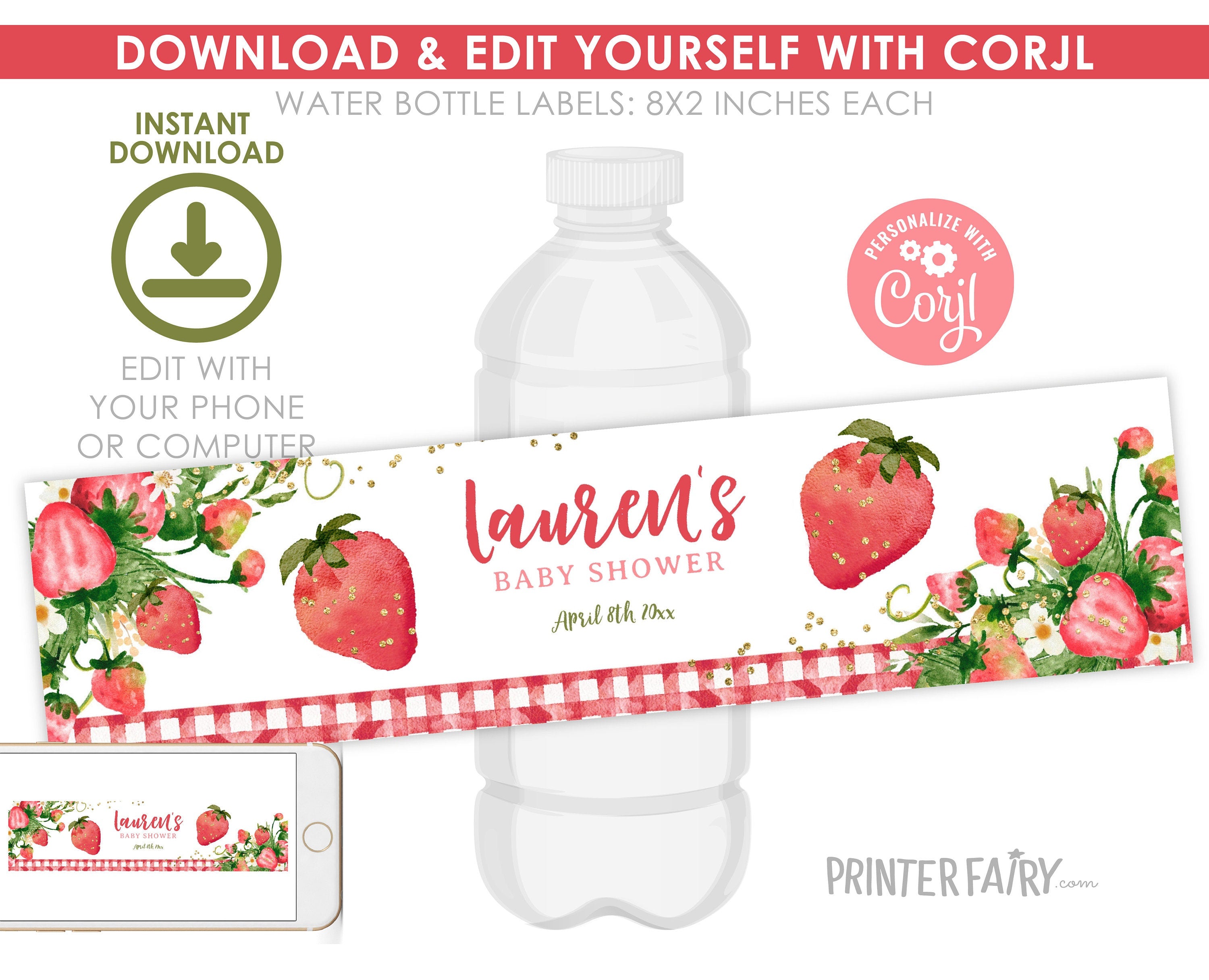 Strawberry Baby Shower Water Bottle Labels, Editable Party Decor (Digital Download)