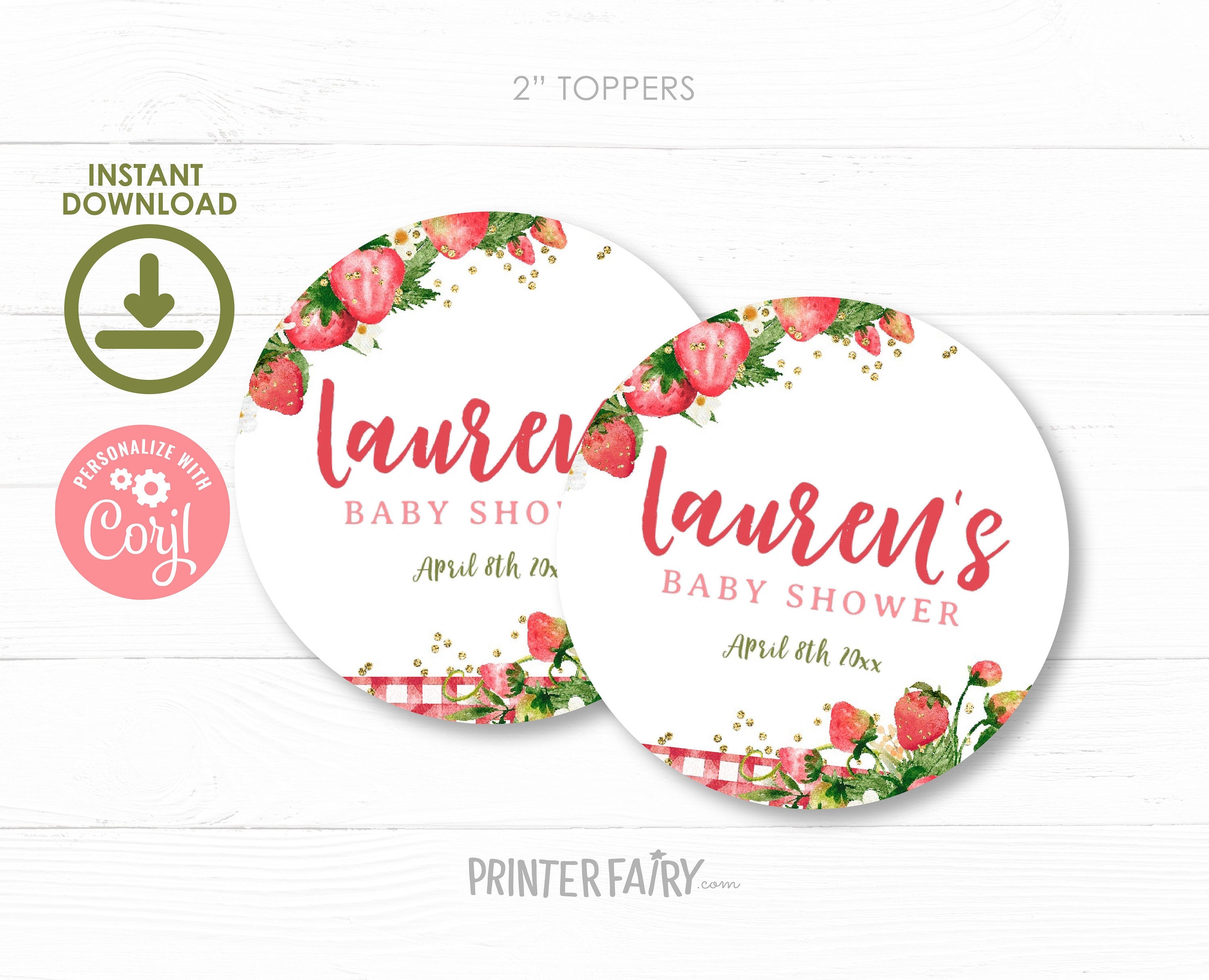 Strawberry Baby Shower Cupcake Toppers, Editable Round Labels (Digital Download)