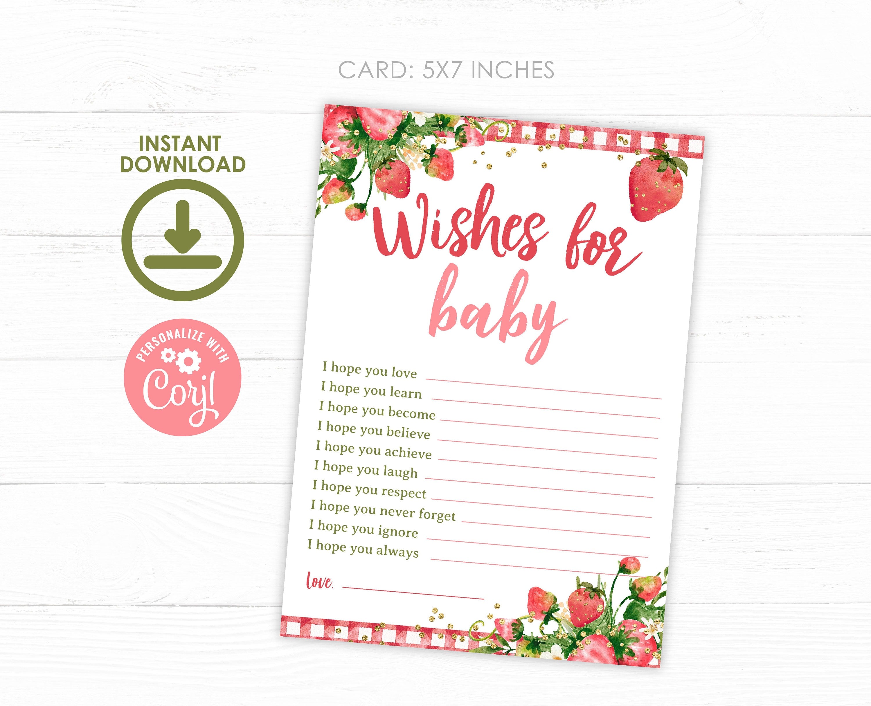 Strawberry Baby Shower Game, Editable Wishes for Baby Cards (Digital Download)