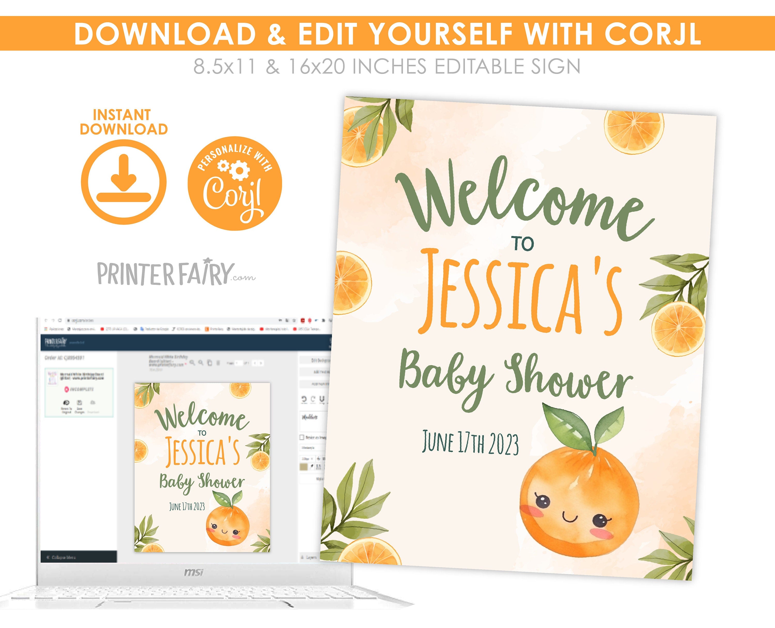 Orange Baby Shower Welcome Sign Editable Template INSTANT DOWNLOAD