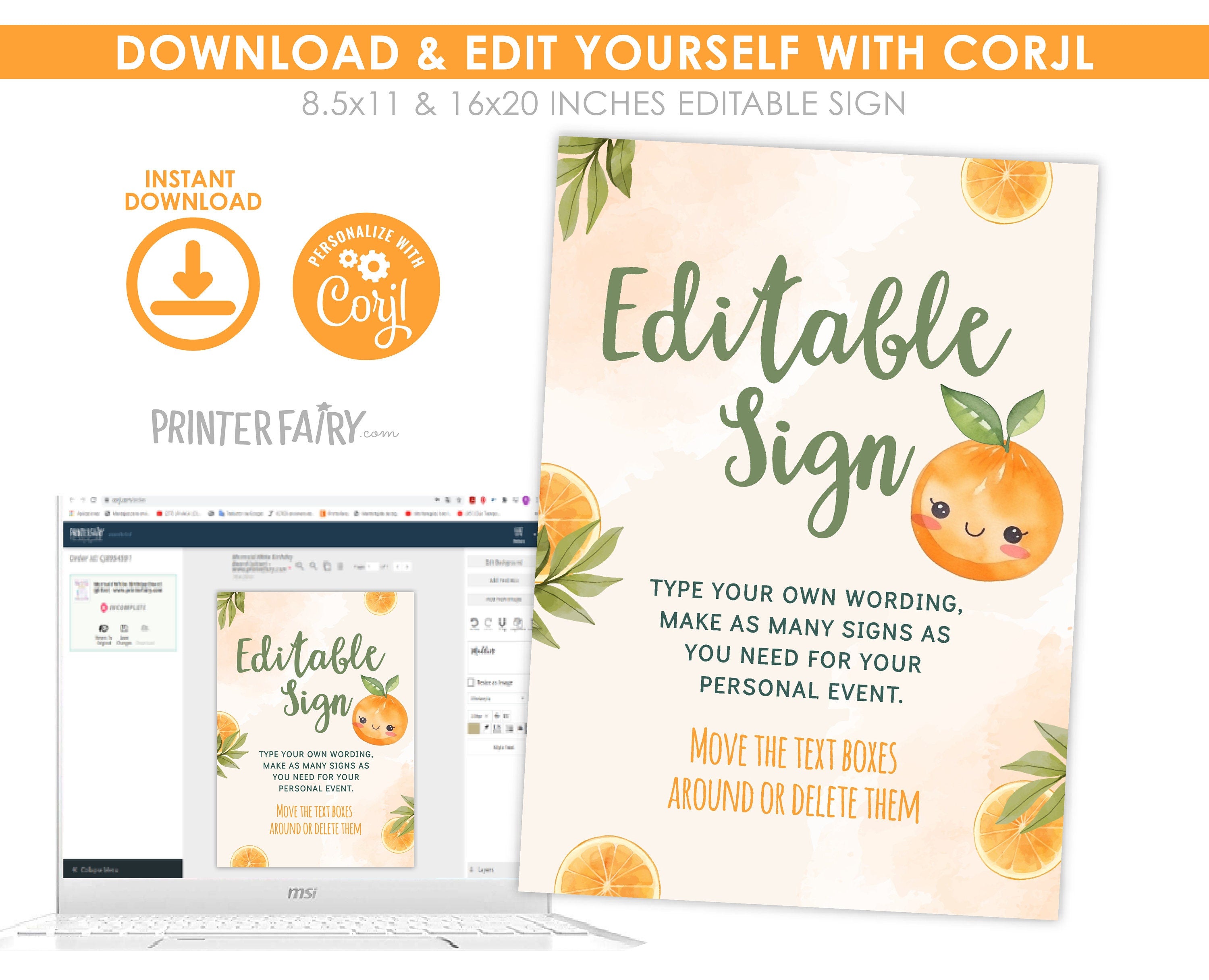 Orange Baby Shower Welcome Sign, Editable Citrus Theme (Digital Download)