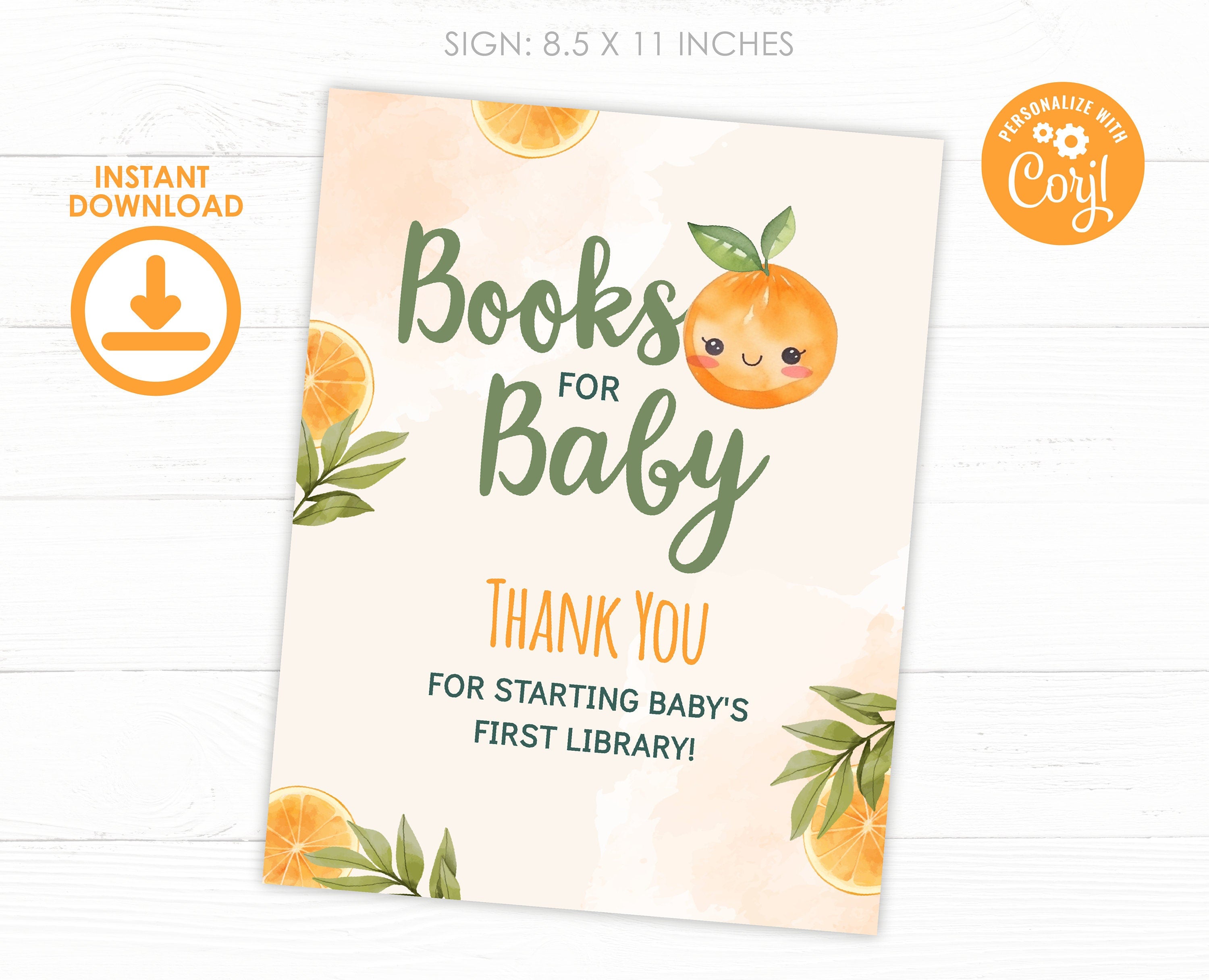 Orange Baby Shower Books for Baby Sign, Editable Template (Digital Download)