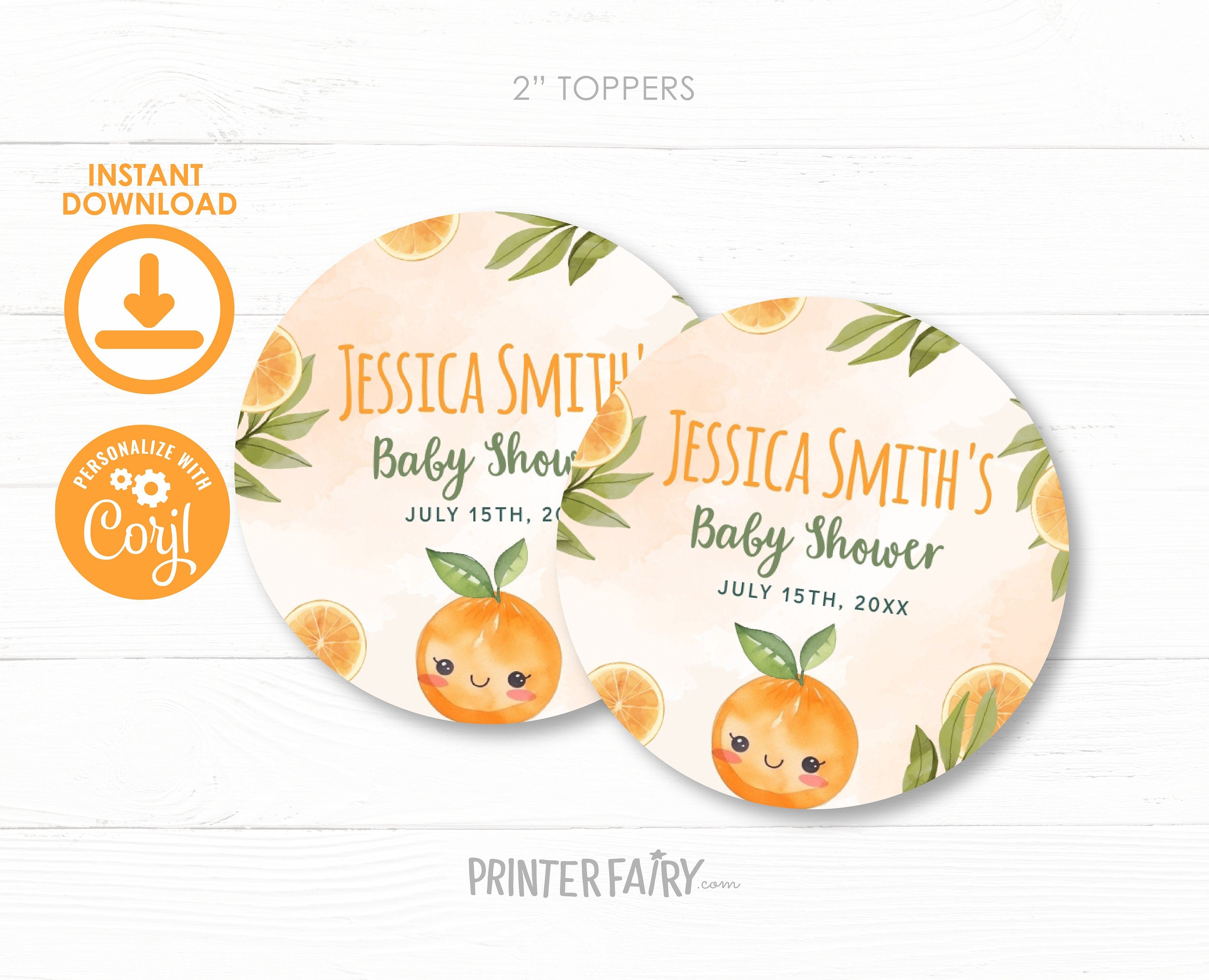 Orange Baby Shower Party Toppers, Editable Round Labels (Digital Download)