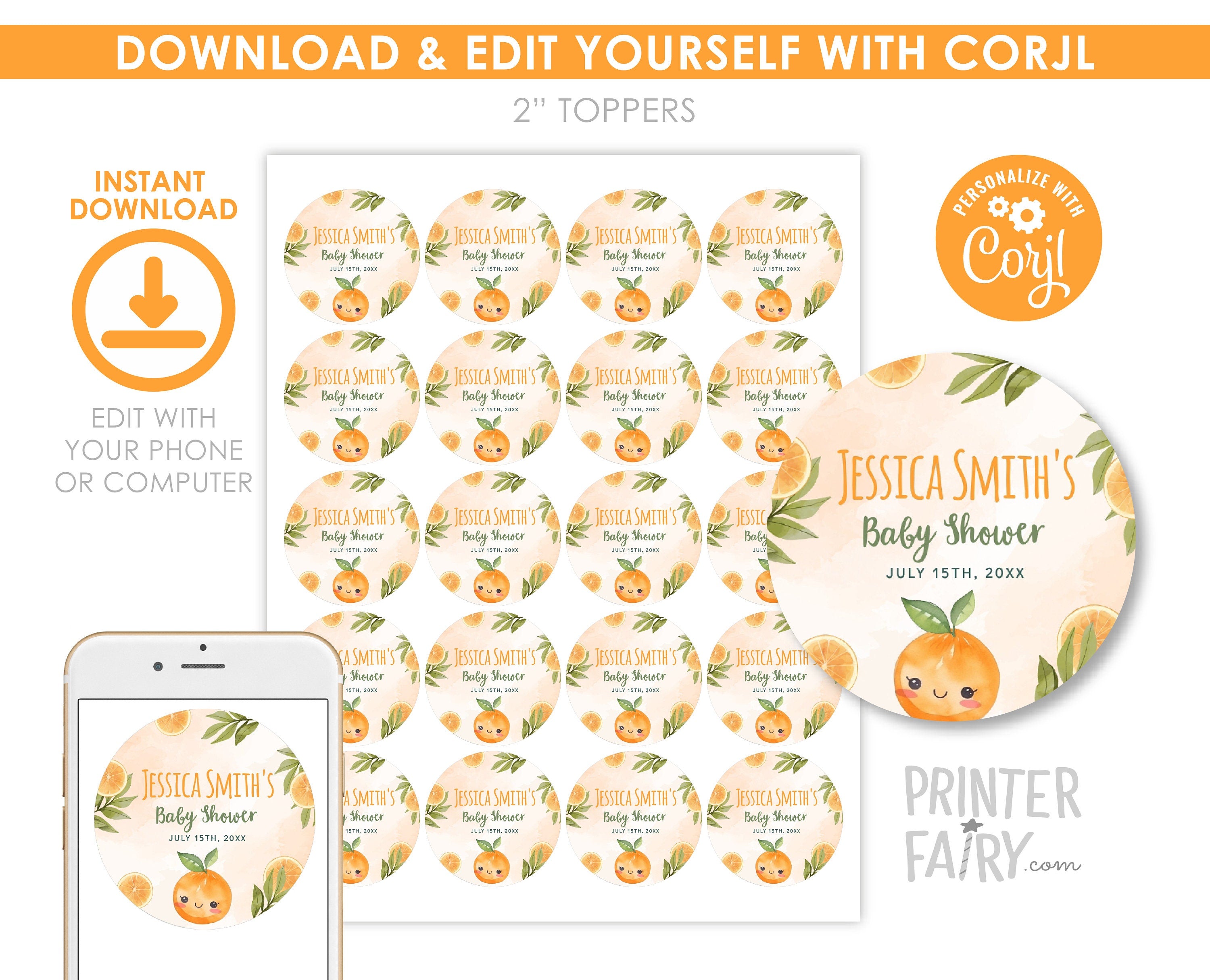 Orange Baby Shower Party Toppers, Editable Round Labels (Digital Download)