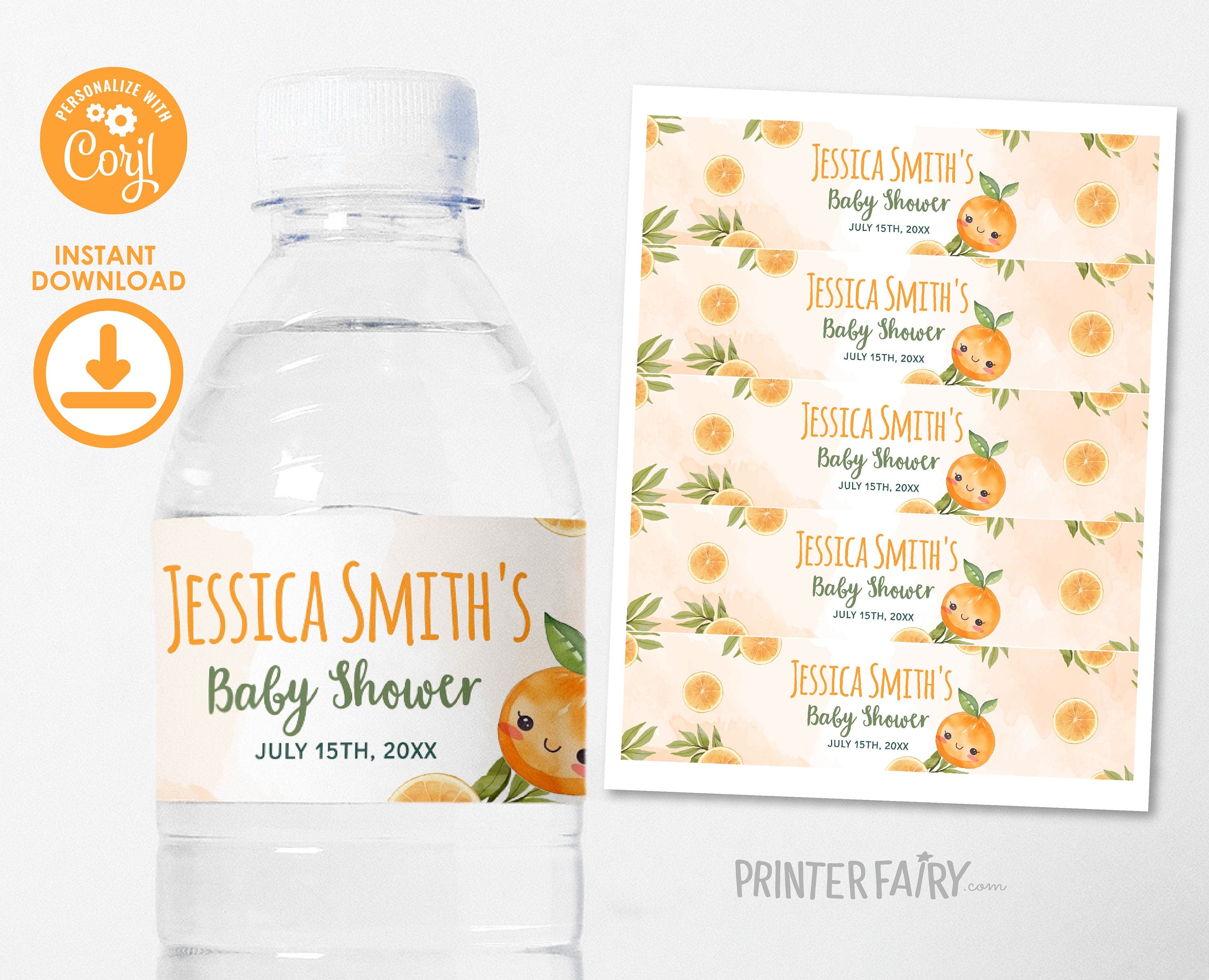 Orange Baby Shower Water Bottle Label, Editable Template (Digital Item)