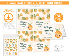Orange Baby Shower Food Tents, Editable Table Signs (Digital)