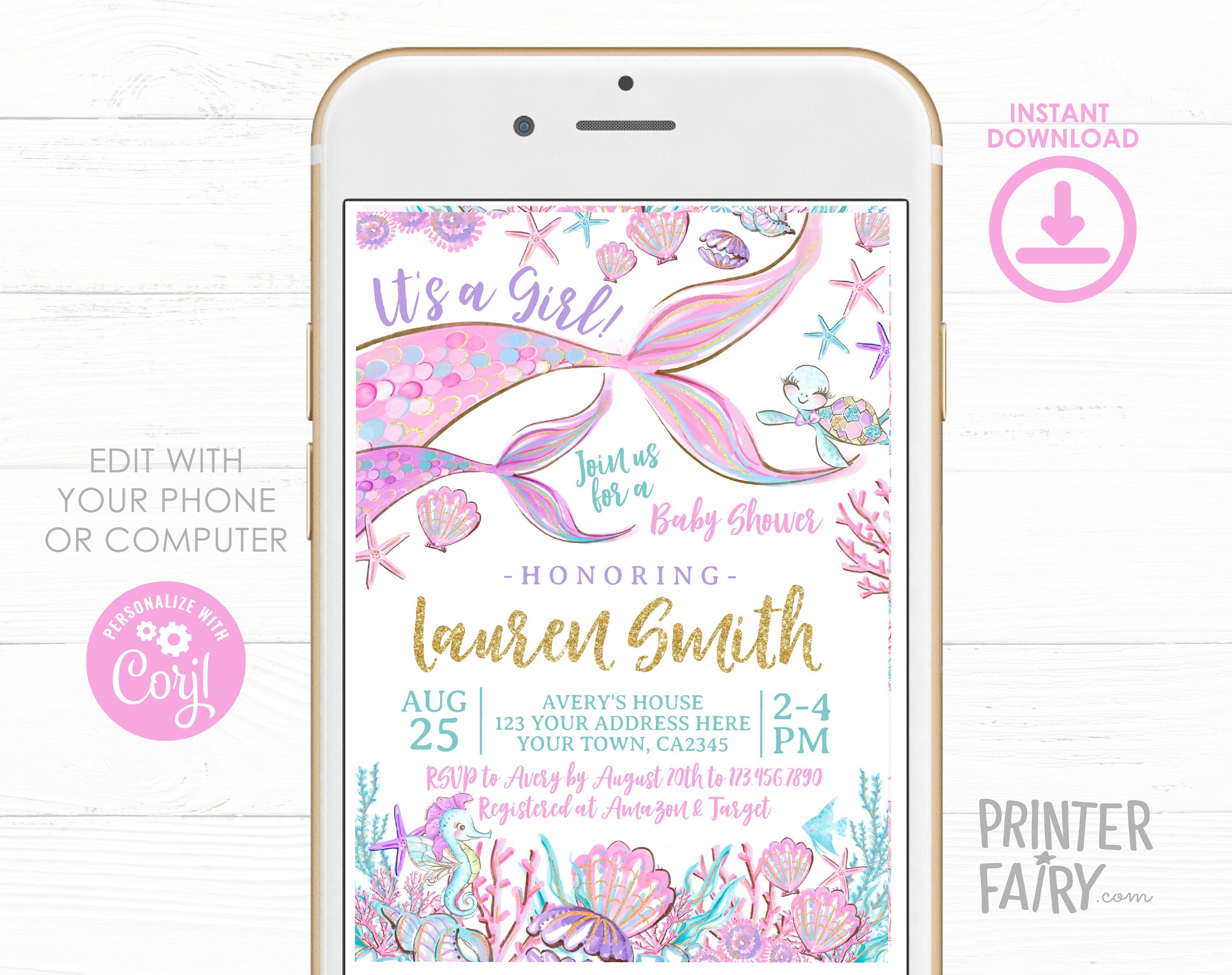 Mermaid Baby Shower Invitation Editable Template, INSTANT DOWNLOAD