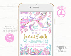 Mermaid Baby Shower Invitation Editable Template, INSTANT DOWNLOAD