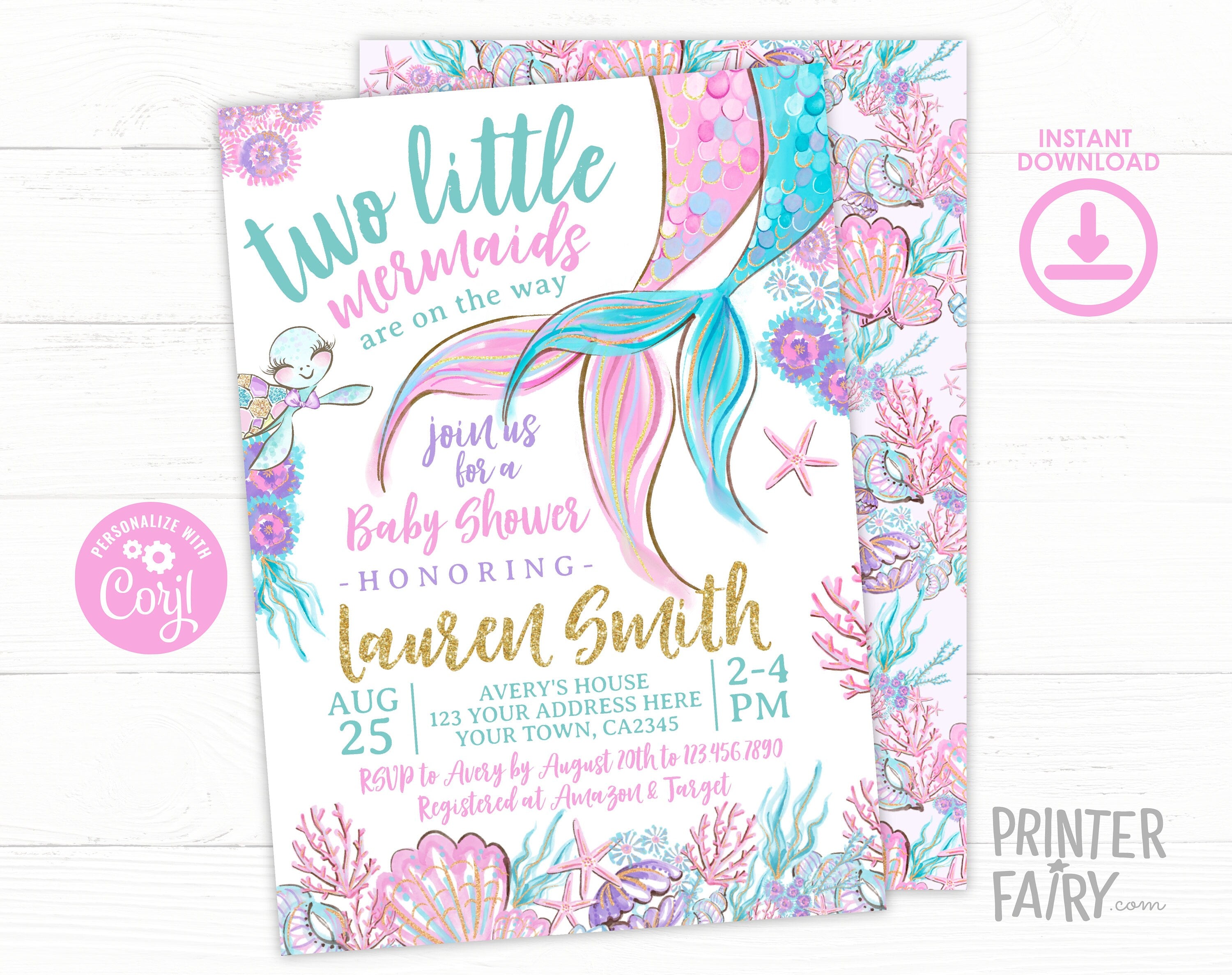 Mermaid Twins Baby Shower Invitation, Editable Template (Digital Download)