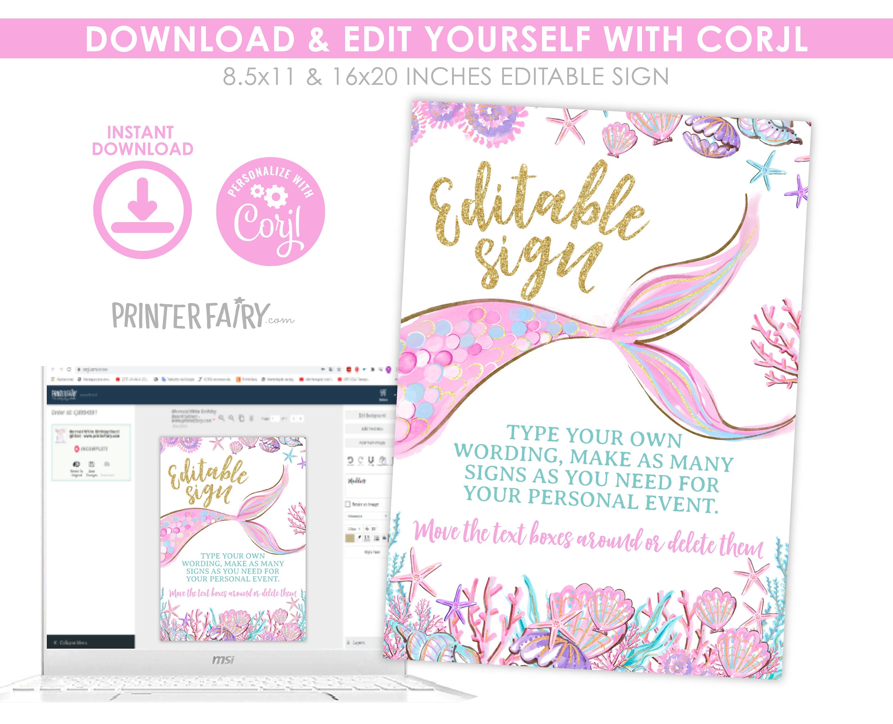 Mermaid Sign Editable Template for any celebration (Digital Instant Download)