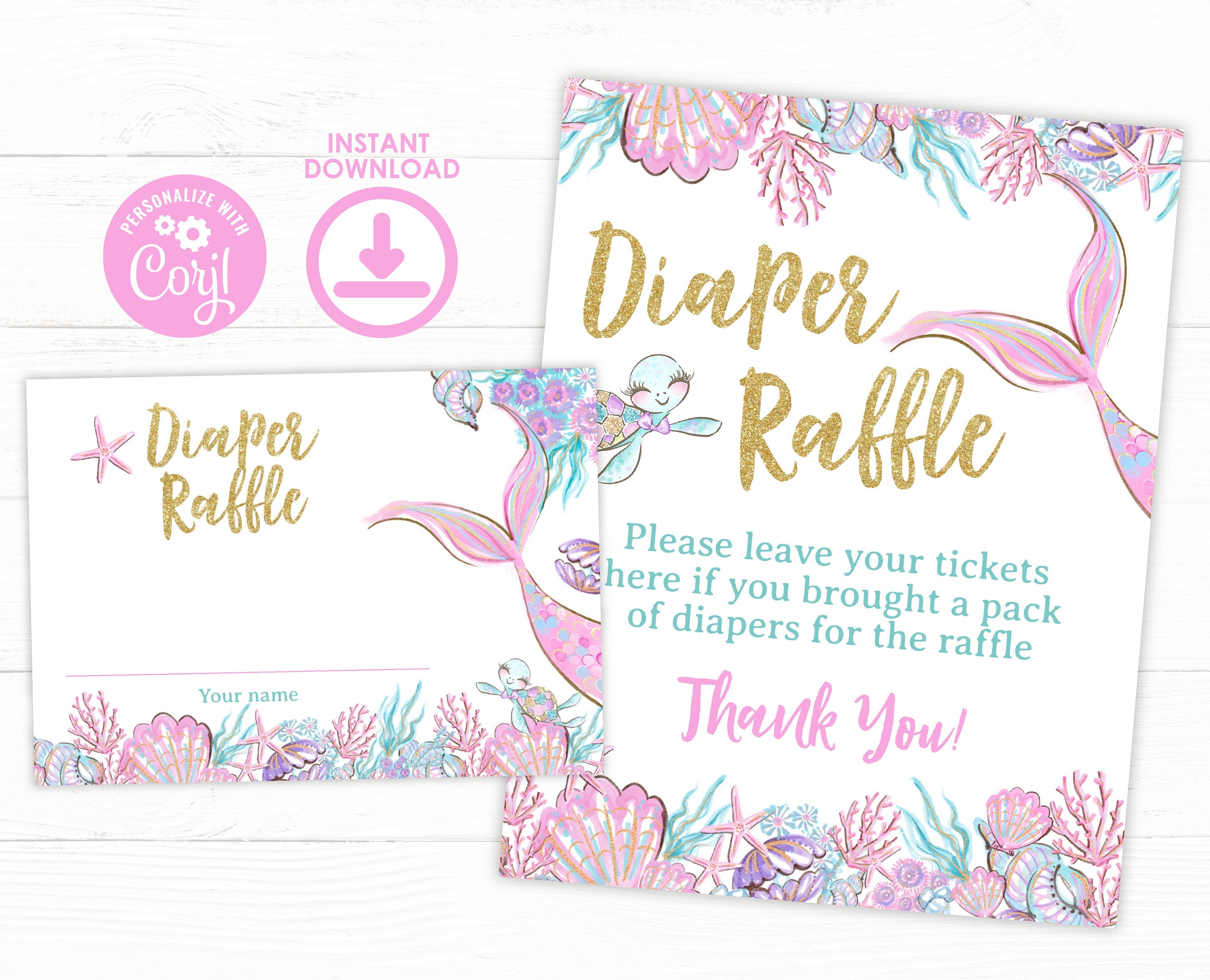 Mermaid Baby Shower Diaper Raffle Editable Sign and Tickets, Digital Printable, Instant Download