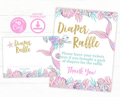 Mermaid Baby Shower Diaper Raffle Editable Sign and Tickets, Digital Printable, Instant Download