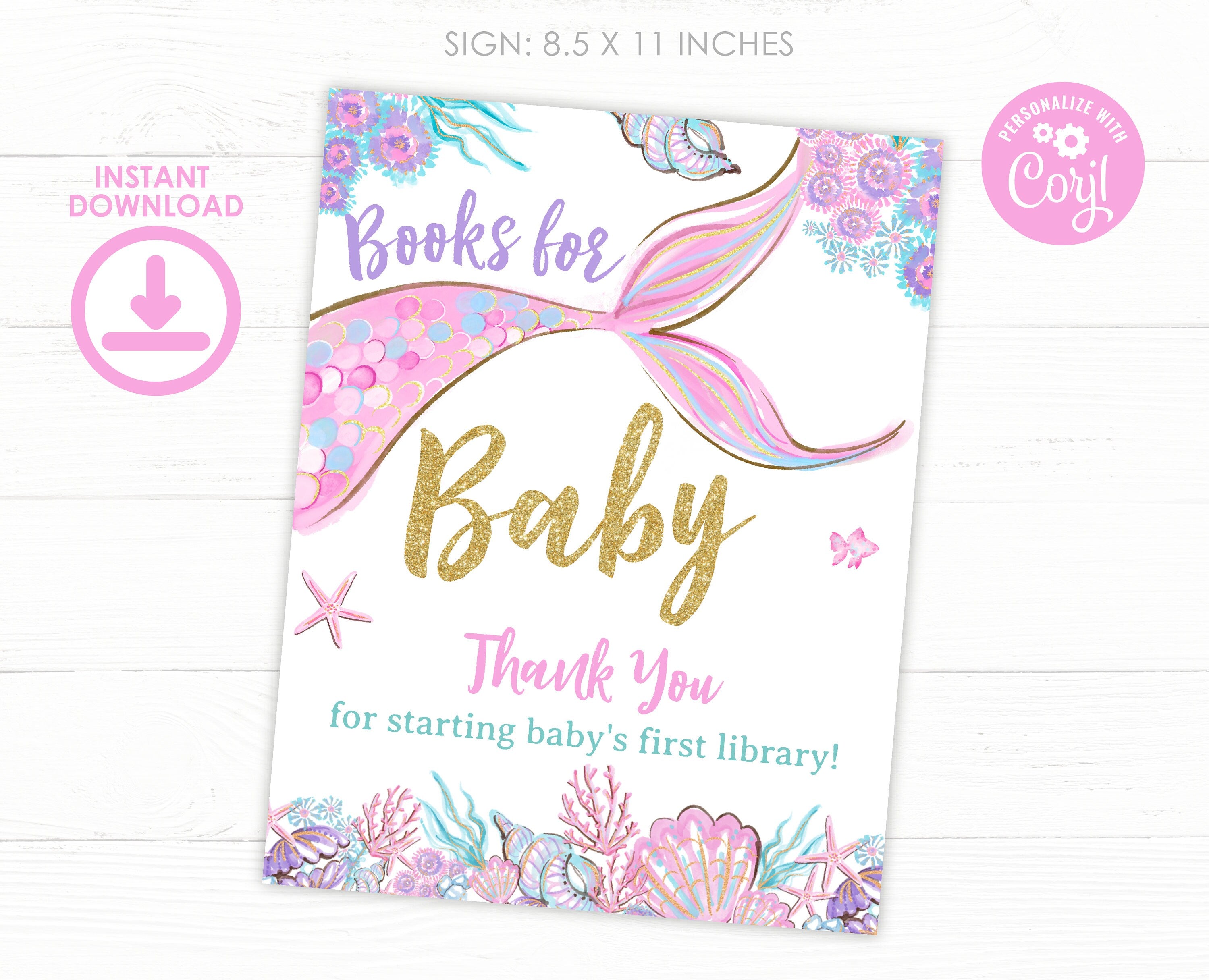 Mermaid Baby Shower Books for Baby Sign & Card (Editable Digital Download)