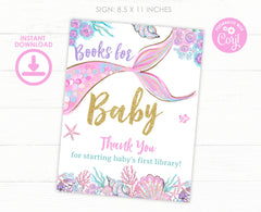 Mermaid Baby Shower Books for Baby Sign & Card (Editable Digital Download)