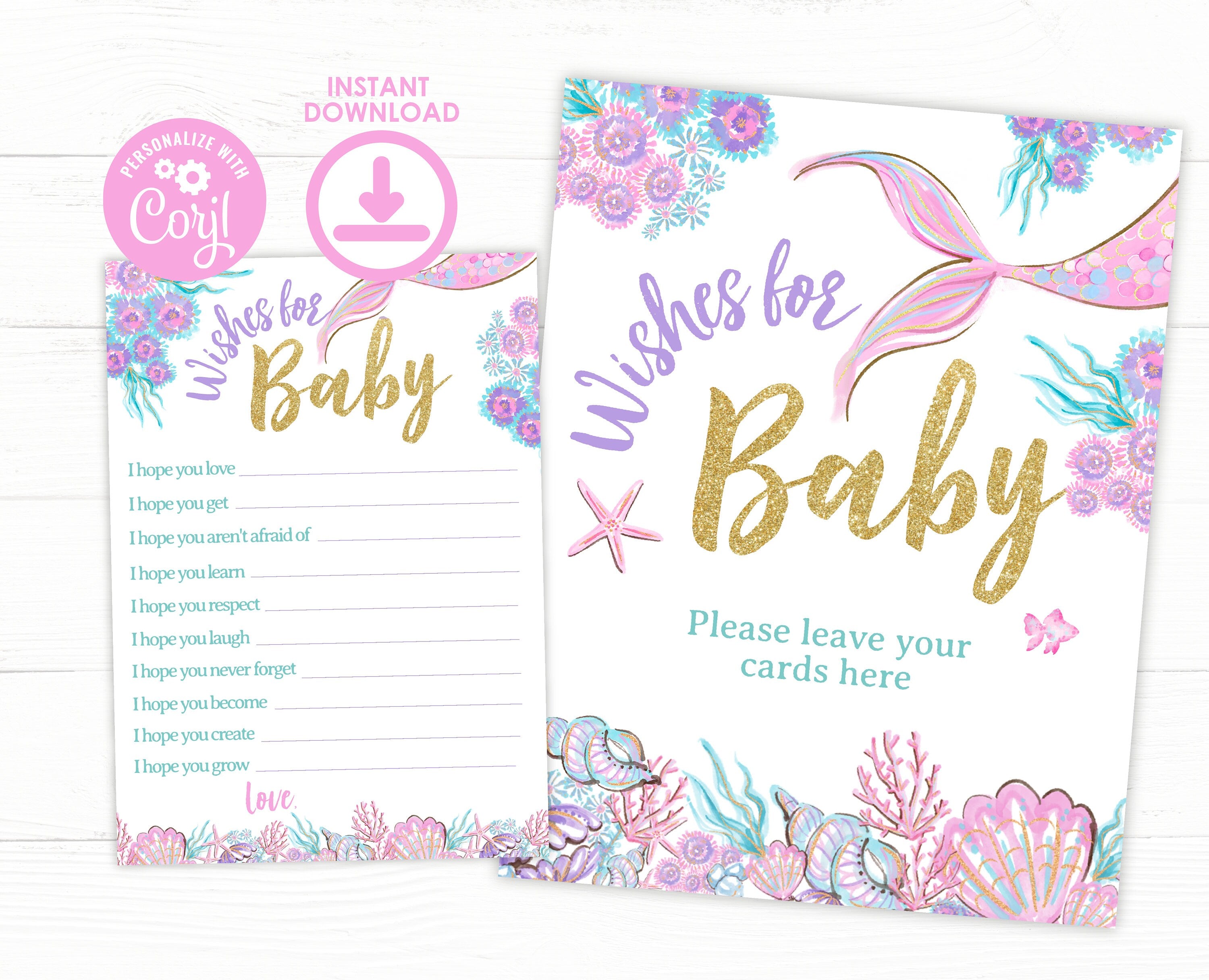 Mermaid Baby Shower Wishes Card, Editable Baby Sprinkle Game (Digital Download)