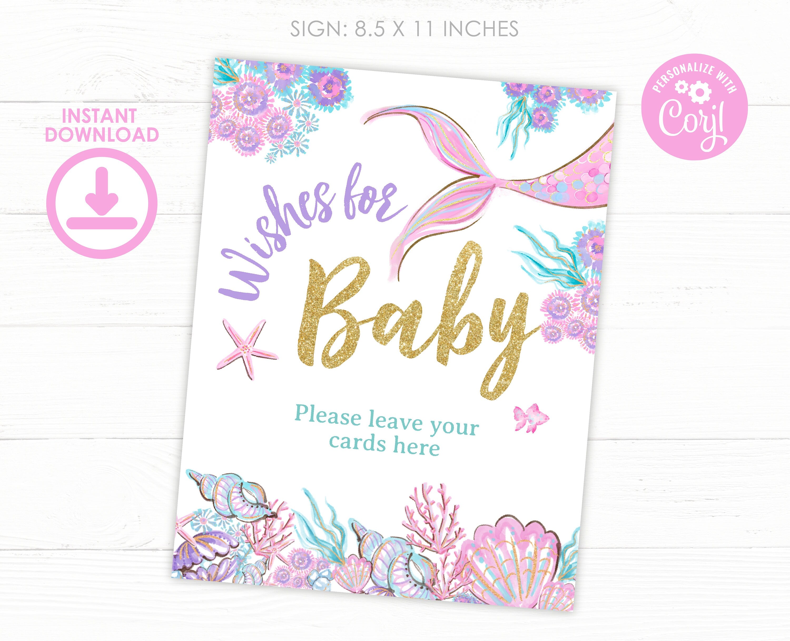 Mermaid Baby Shower Wishes Card, Editable Baby Sprinkle Game (Digital Download)