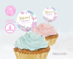 Mermaid Baby Shower Toppers, Editable Template Round Labels (Digital Instant Download Item)