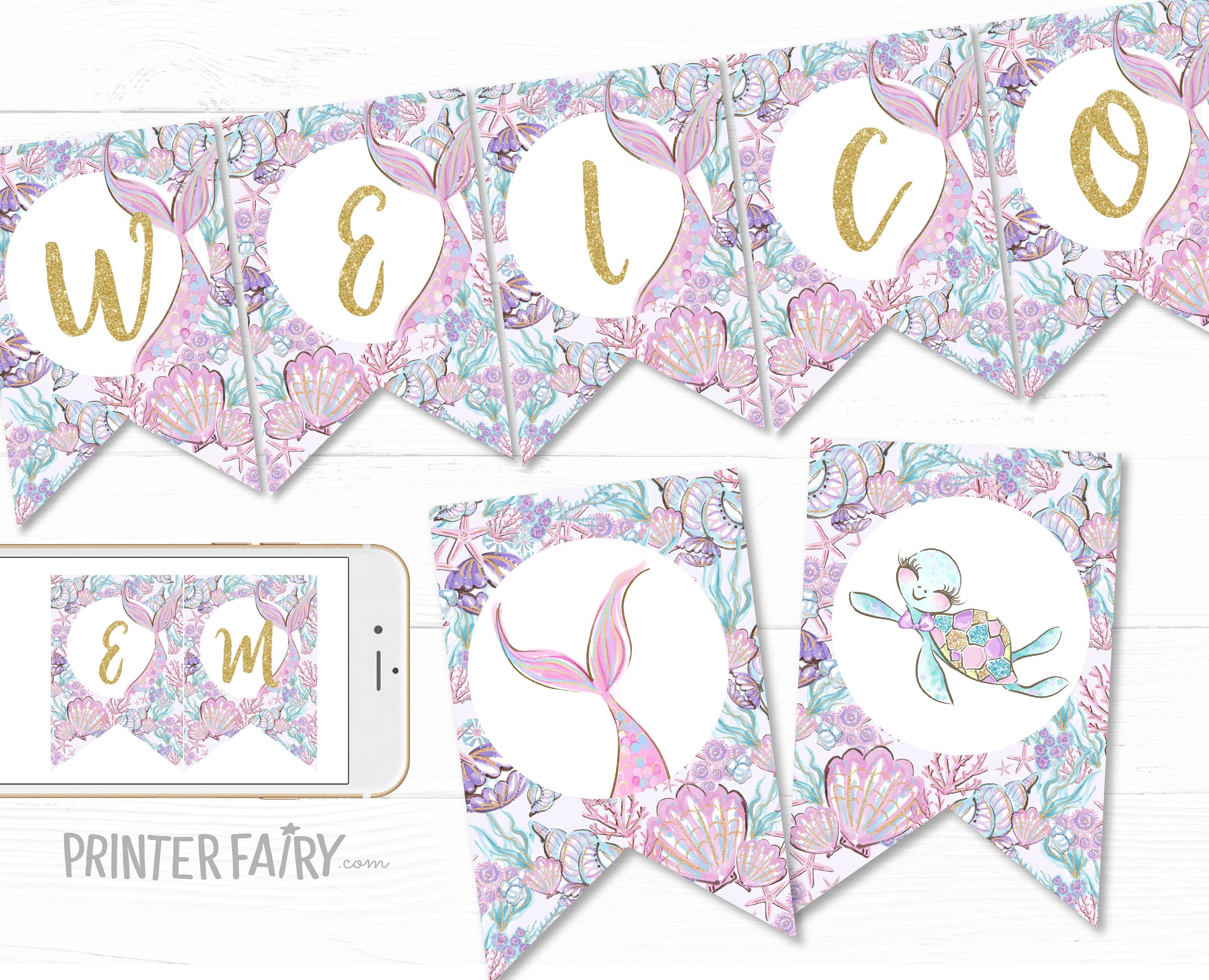 Mermaid Baby Shower Banner, Editable Bunting (Digital Download)