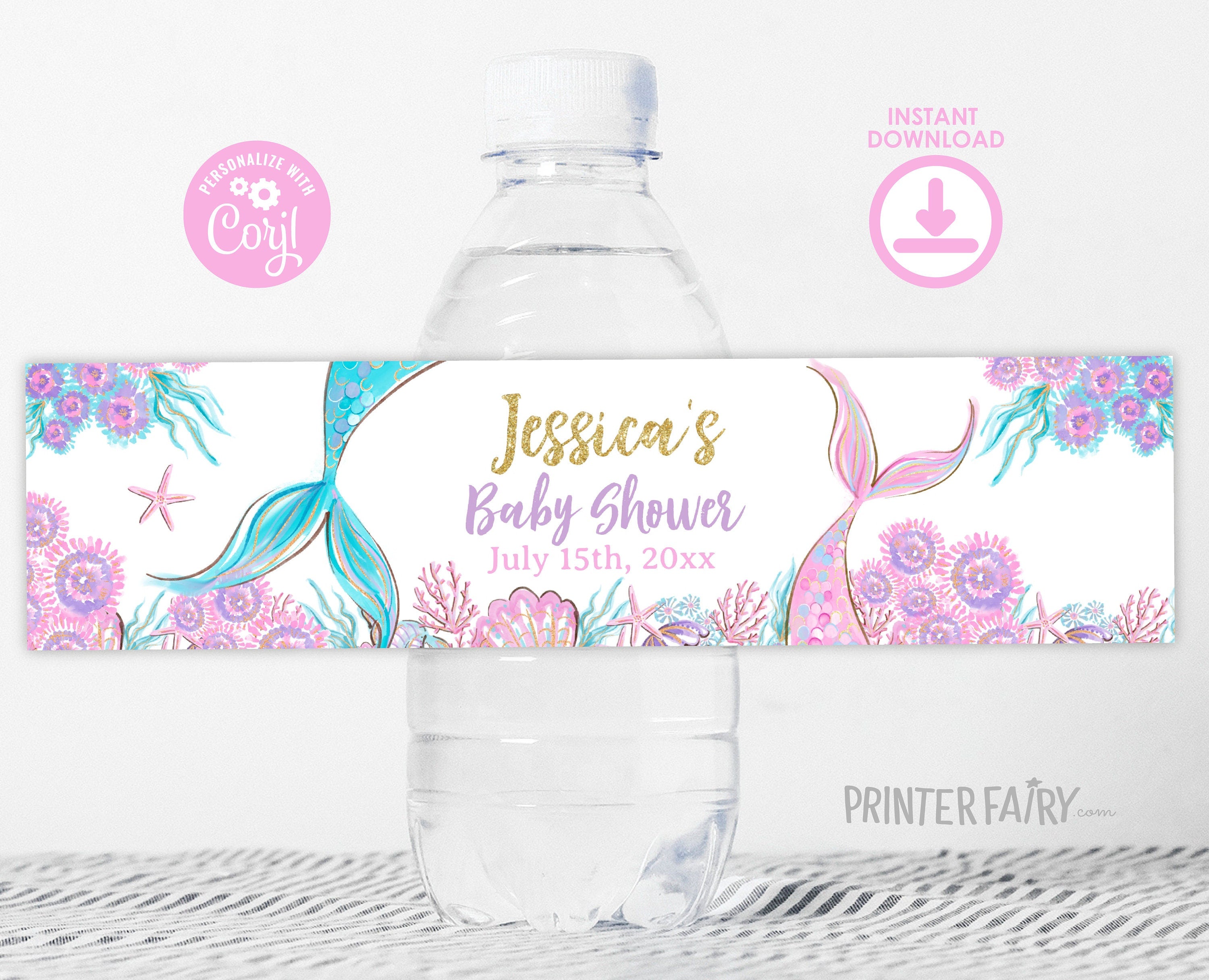 Mermaid Baby Shower Water Bottle Label, Editable Template (Digital Item)