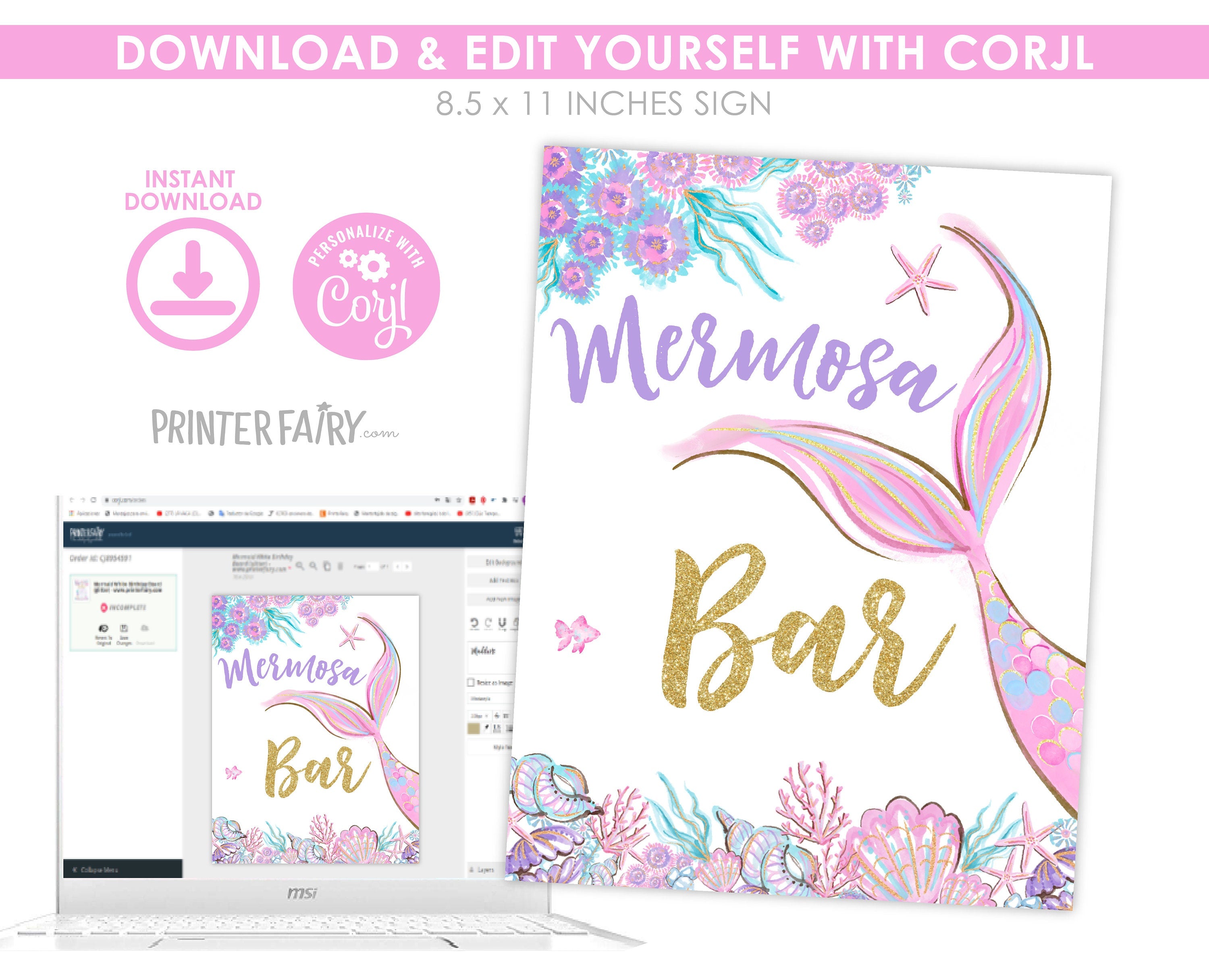 Mermaid Baby Shower Games Sign, Editable Mermosa Bar, Books & Gifts (Digital Download)