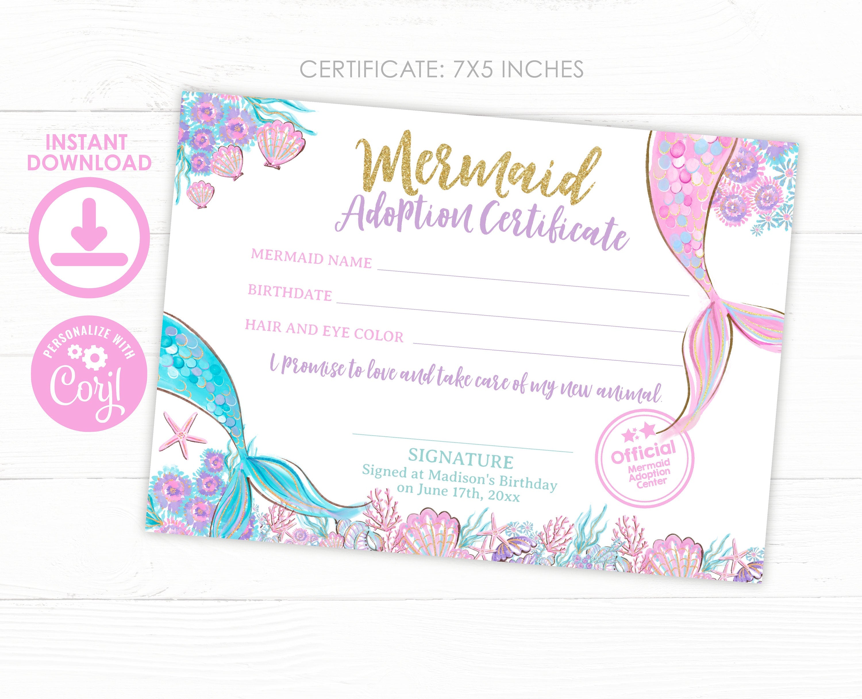Mermaid Adoption Certificate and Sign Editable Templates, Digital Designs (Instant Download)