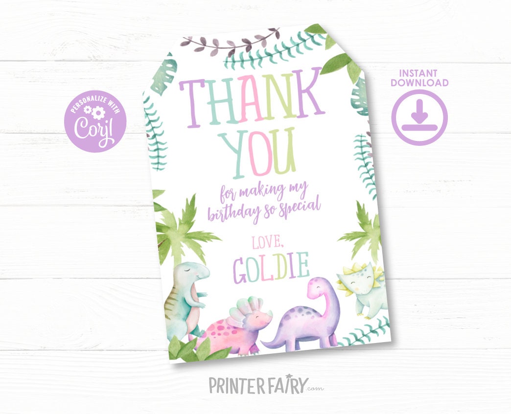 Editable Dinosaur Thank You Tags, Girl Birthday Party (Instant Download)