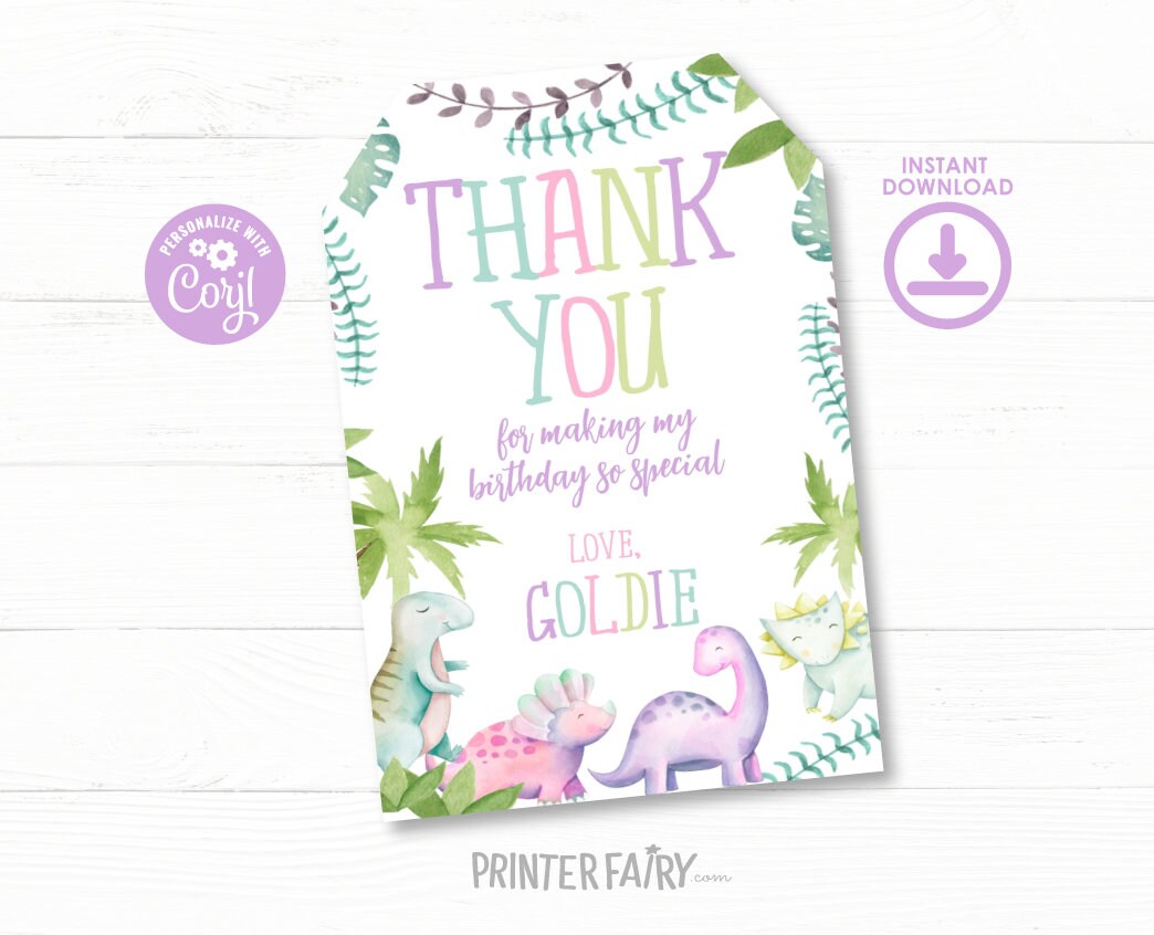 Editable Dinosaur Thank You Tags, Girl Birthday Party (Instant Download)