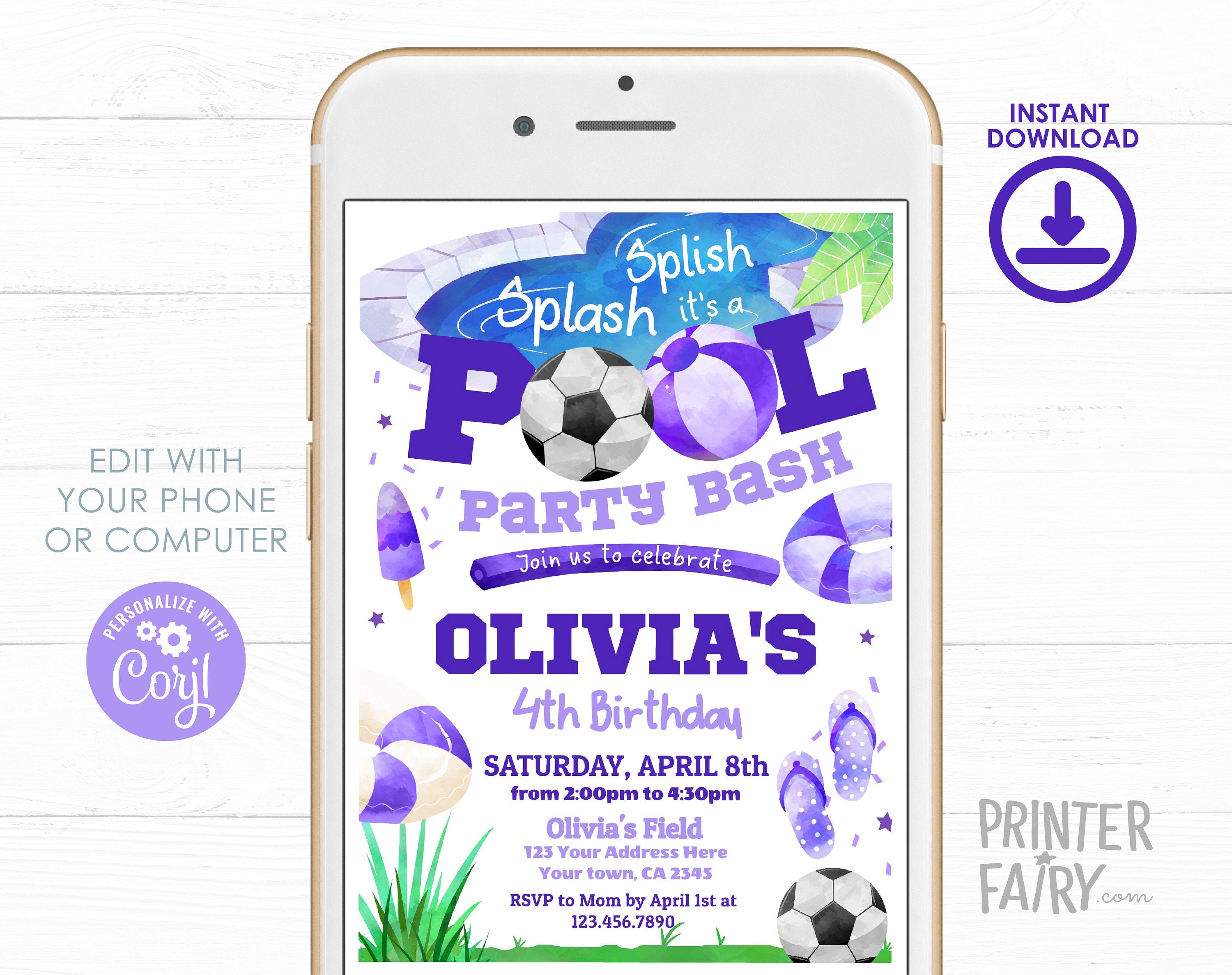 Soccer Pool Birthday Invitation, Editable Summer Party (Digital Download)