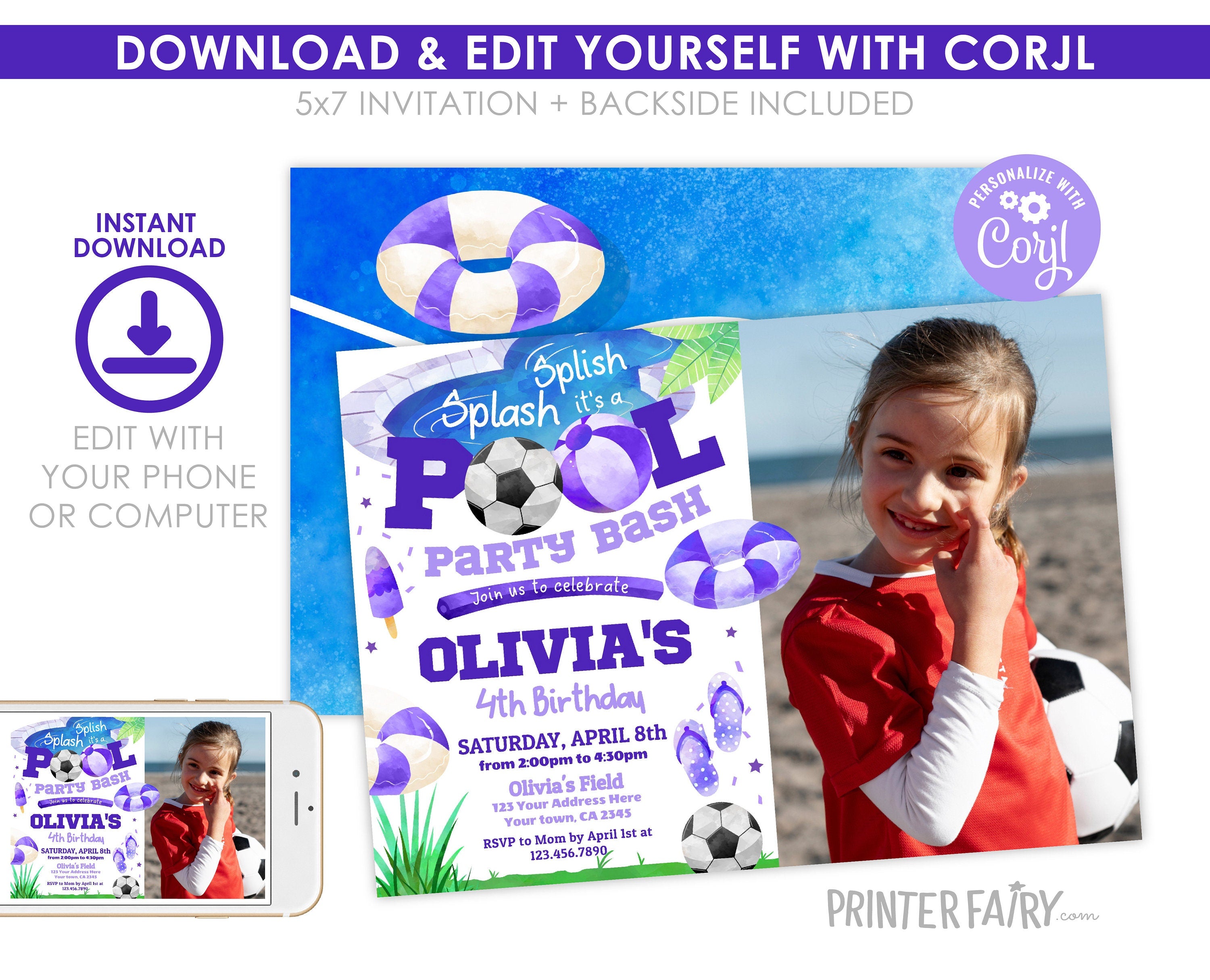 Soccer Pool Birthday Photo Invitation, Editable Girl's Summer Party (Digital Item)