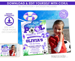 Soccer Pool Birthday Photo Invitation, Editable Girl's Summer Party (Digital Item)