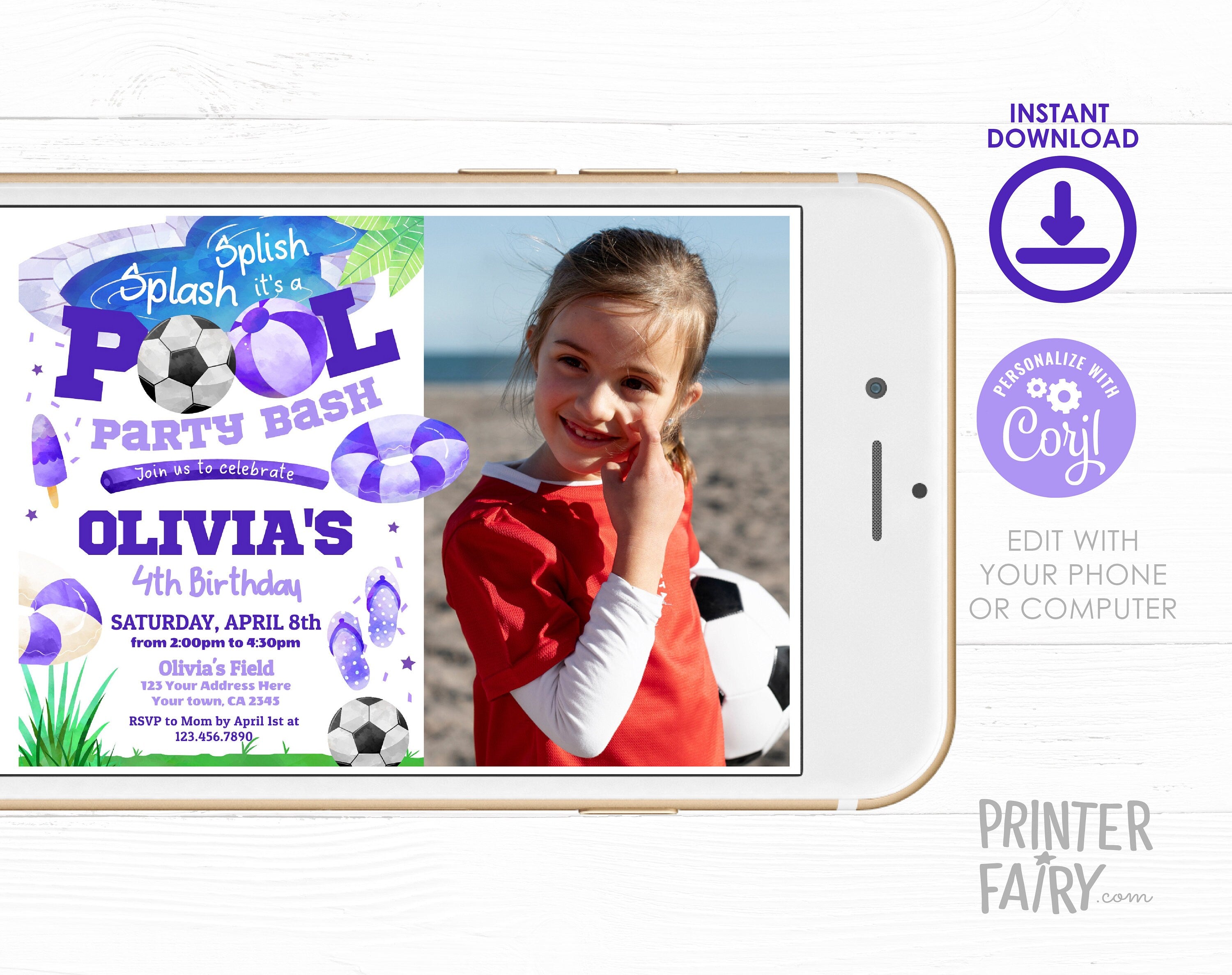 Soccer Pool Birthday Photo Invitation, Editable Girl's Summer Party (Digital Item)