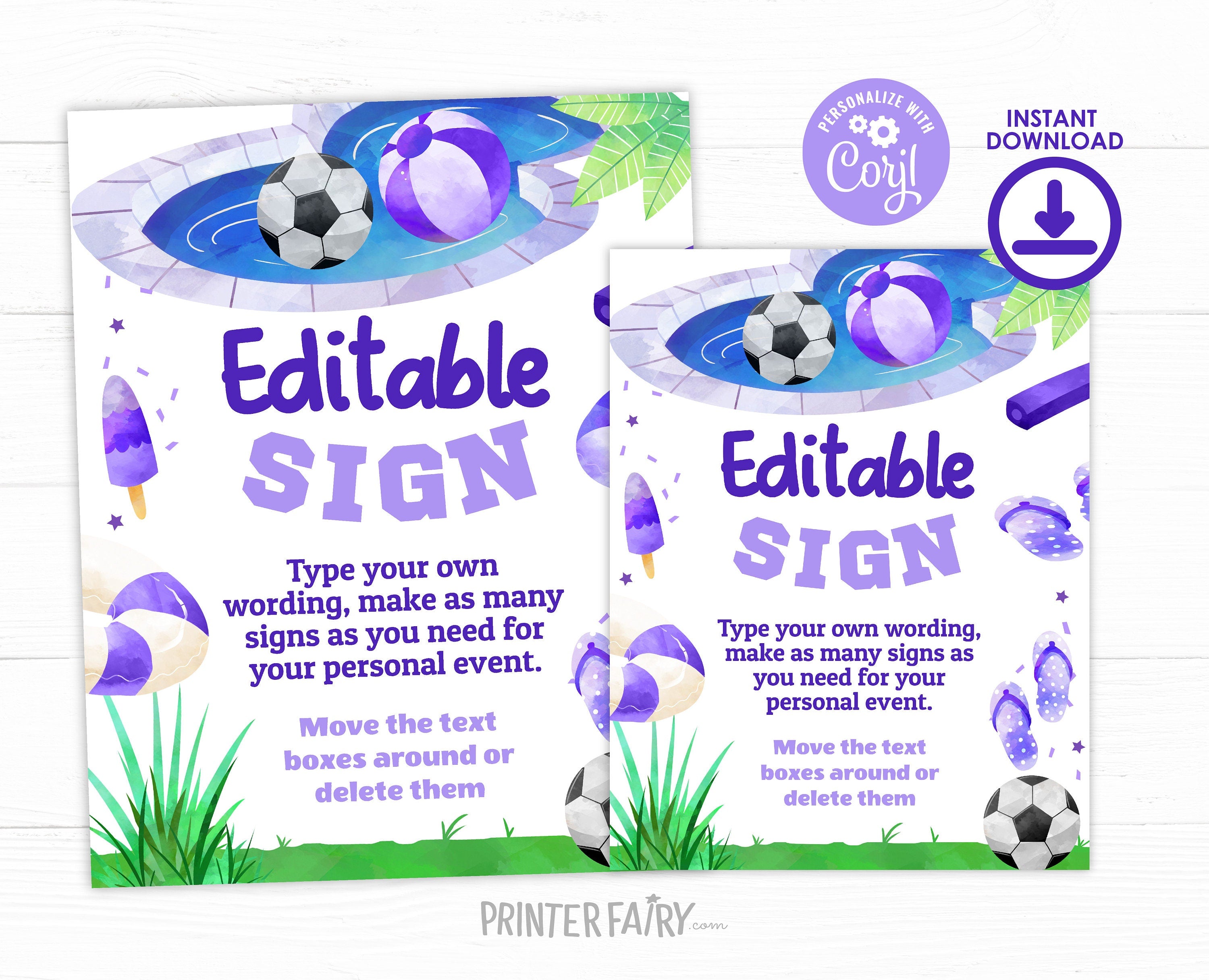 Soccer Pool Birthday Party Editable Sign Template, Instant Download