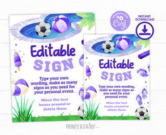 Soccer Pool Birthday Party Editable Sign Template, Instant Download