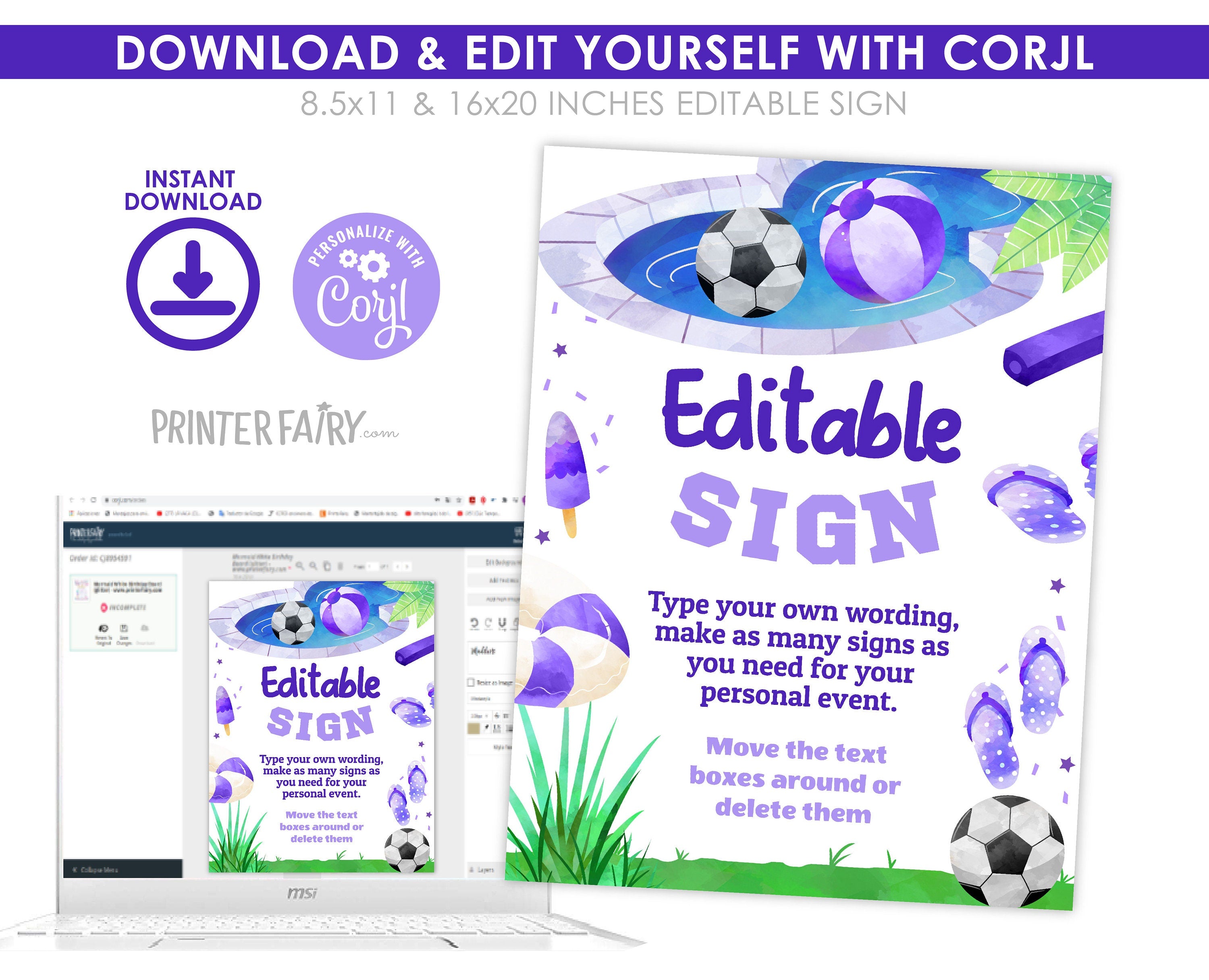 Soccer Pool Birthday Party Editable Sign Template, Instant Download