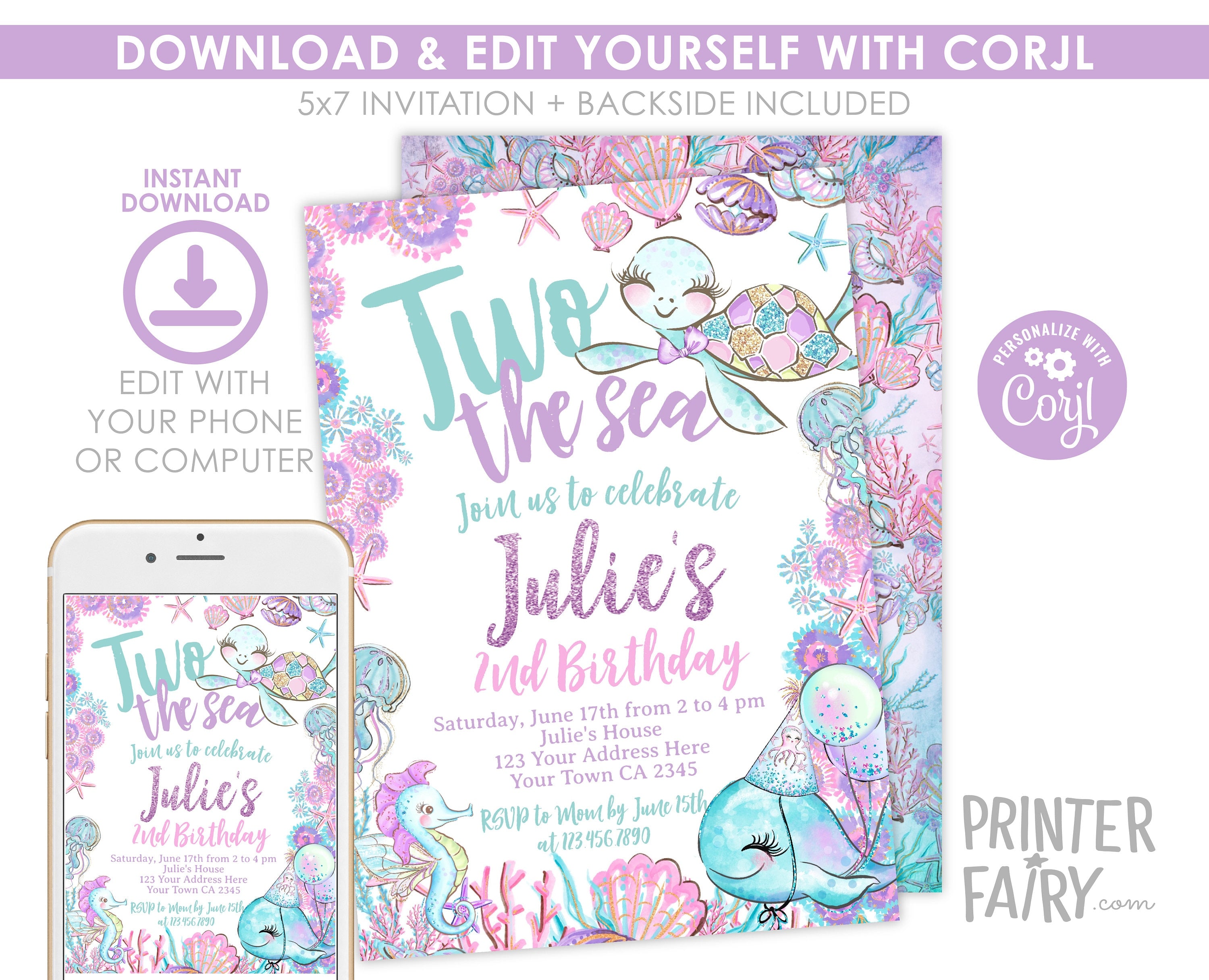 Under The Sea Birthday Invitation, Editable Ocean Party Template (Digital Download)