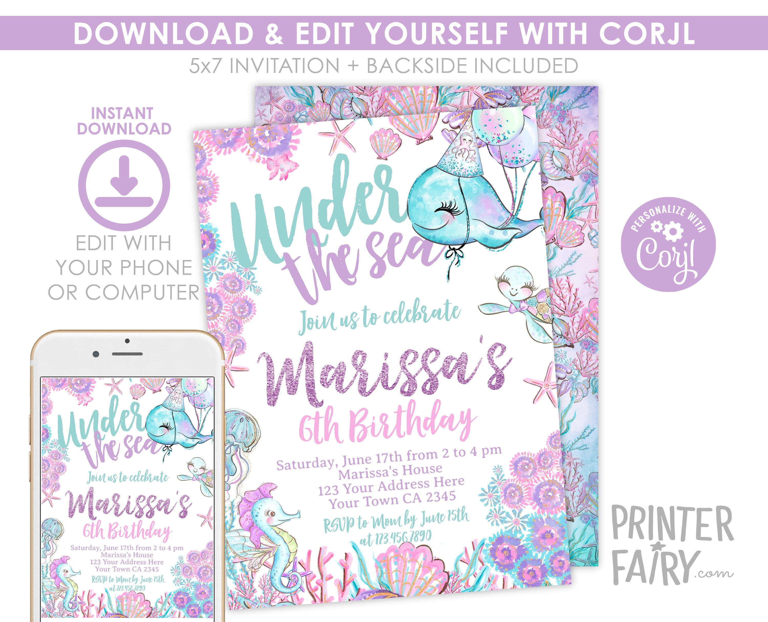 Under The Sea Birthday Invitation, Ocean Theme, Editable Template (Instant Download)