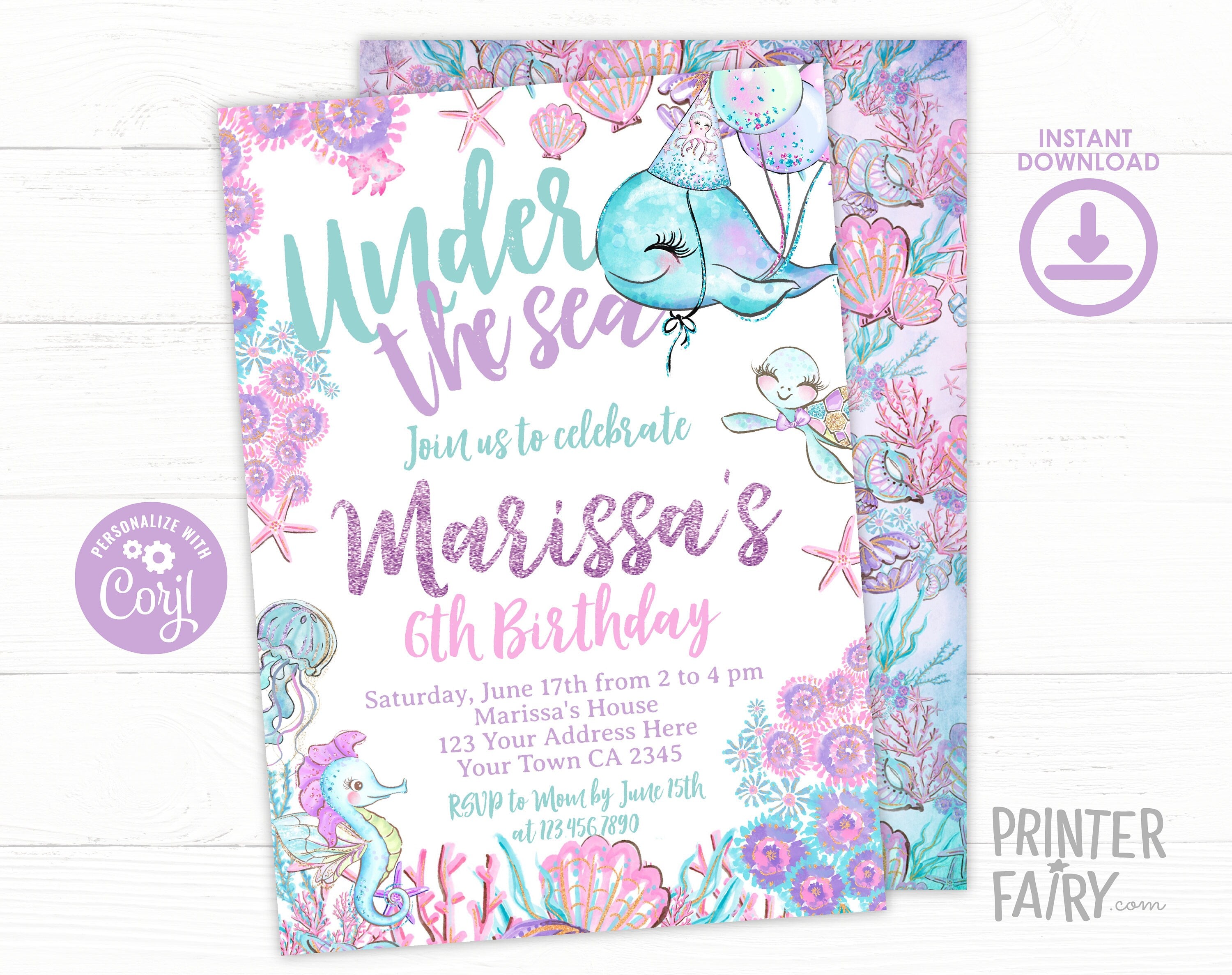 Under The Sea Birthday Invitation, Ocean Theme, Editable Template (Instant Download)