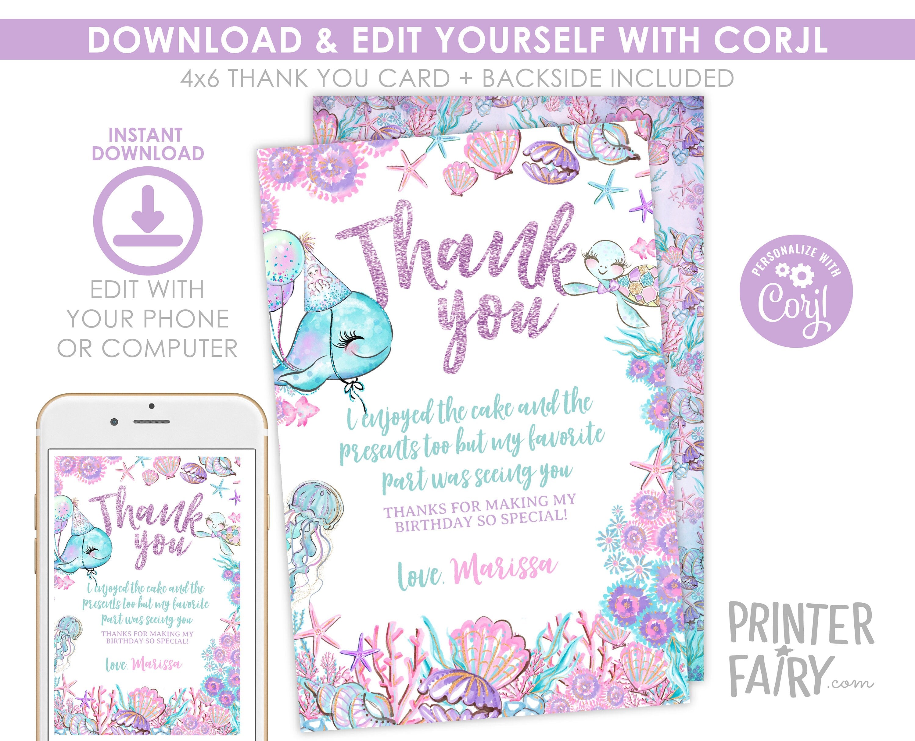Under The Sea Thank You Card, Ocean Birthday, Editable Template (Instant Download)