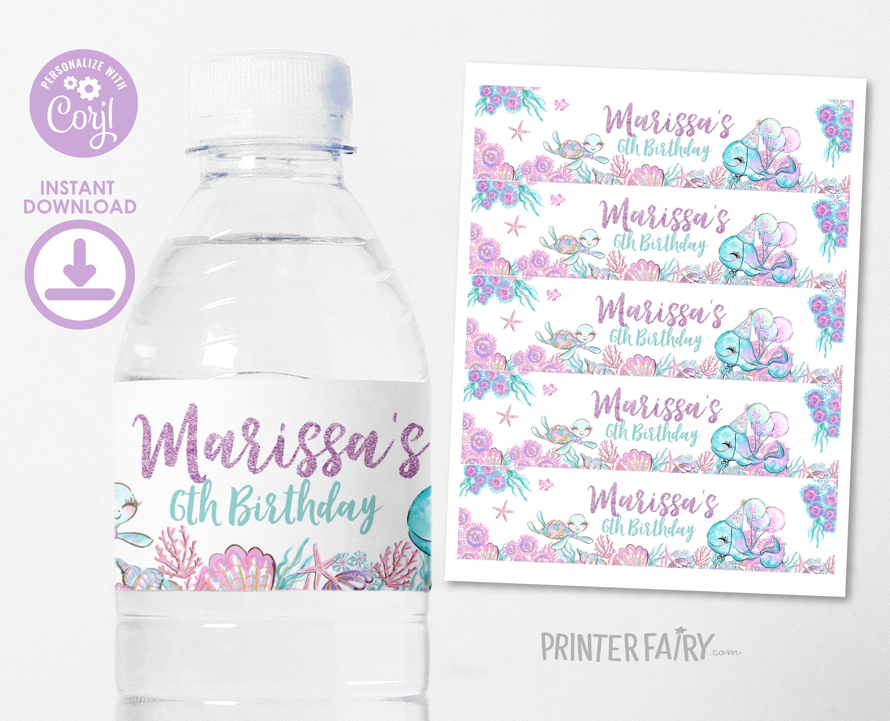 Under The Sea Birthday Party Water Bottle Labels, Editable Template (Instant Download)