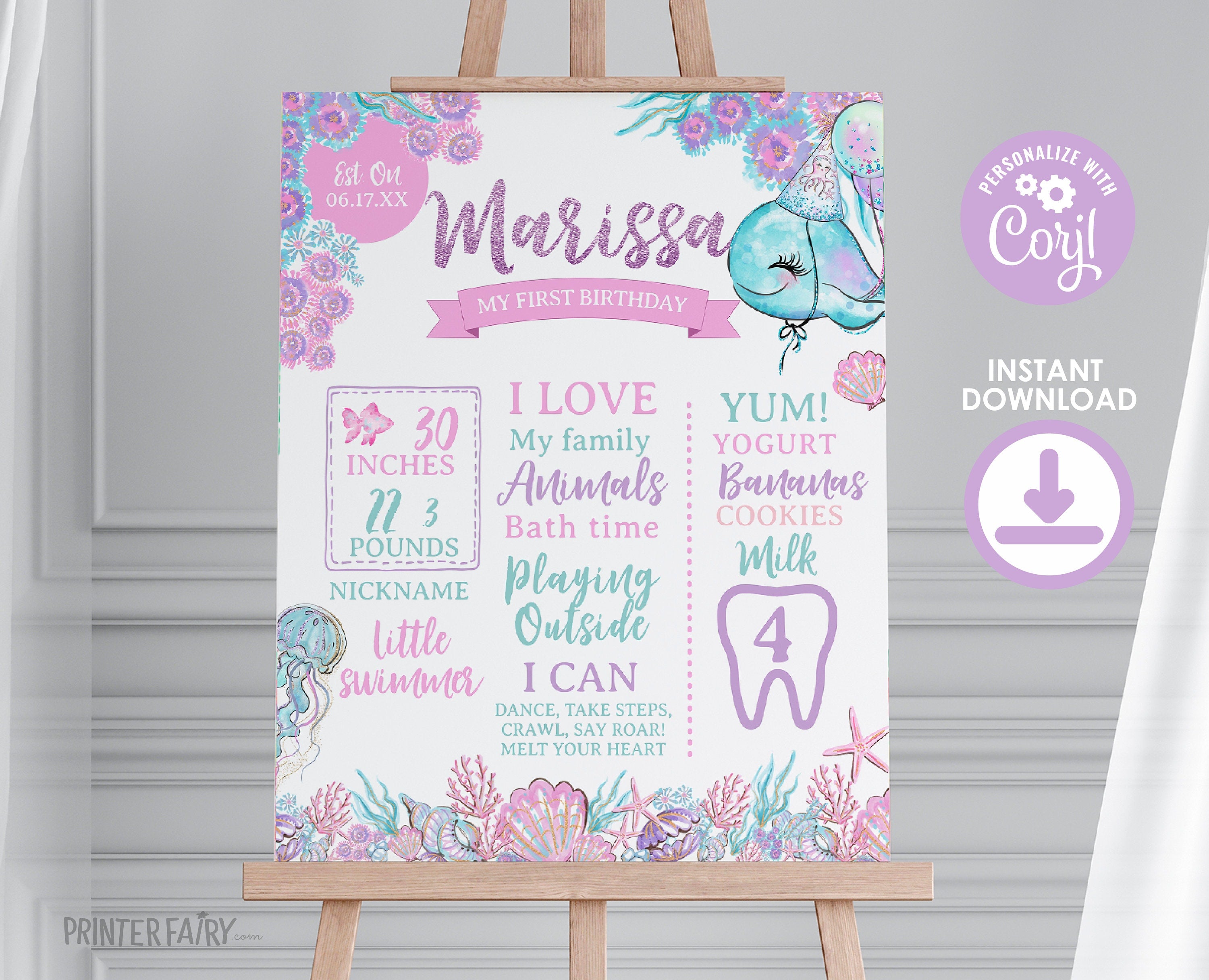 Under The Sea First Birthday Board, Editable Sign (Digital Download)