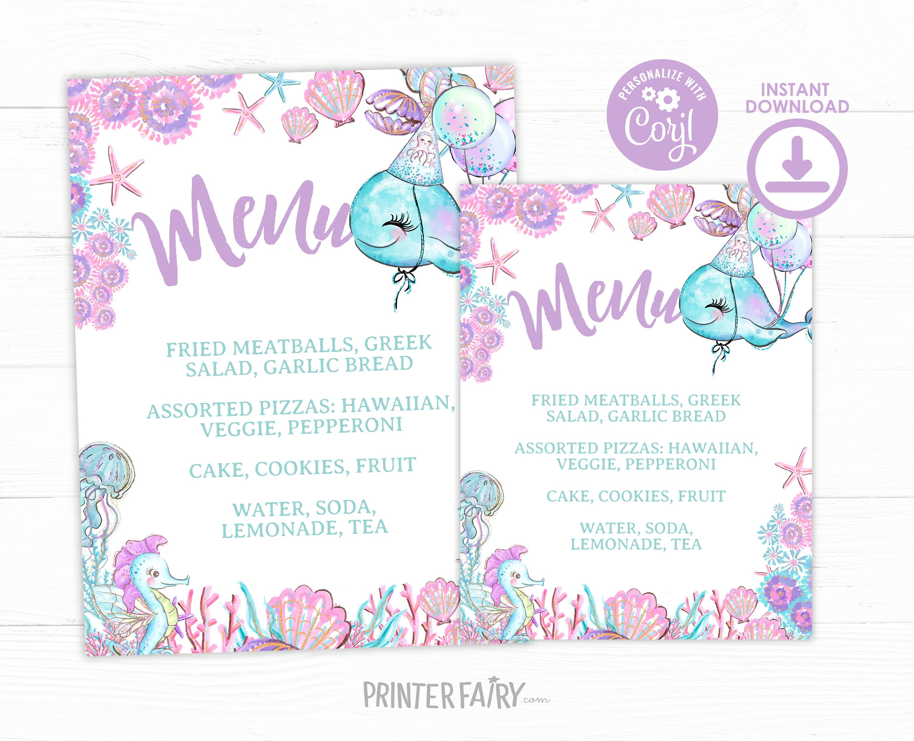 Under The Sea Birthday Menu, Ocean Party Table Sign (Editable, Instant Download)